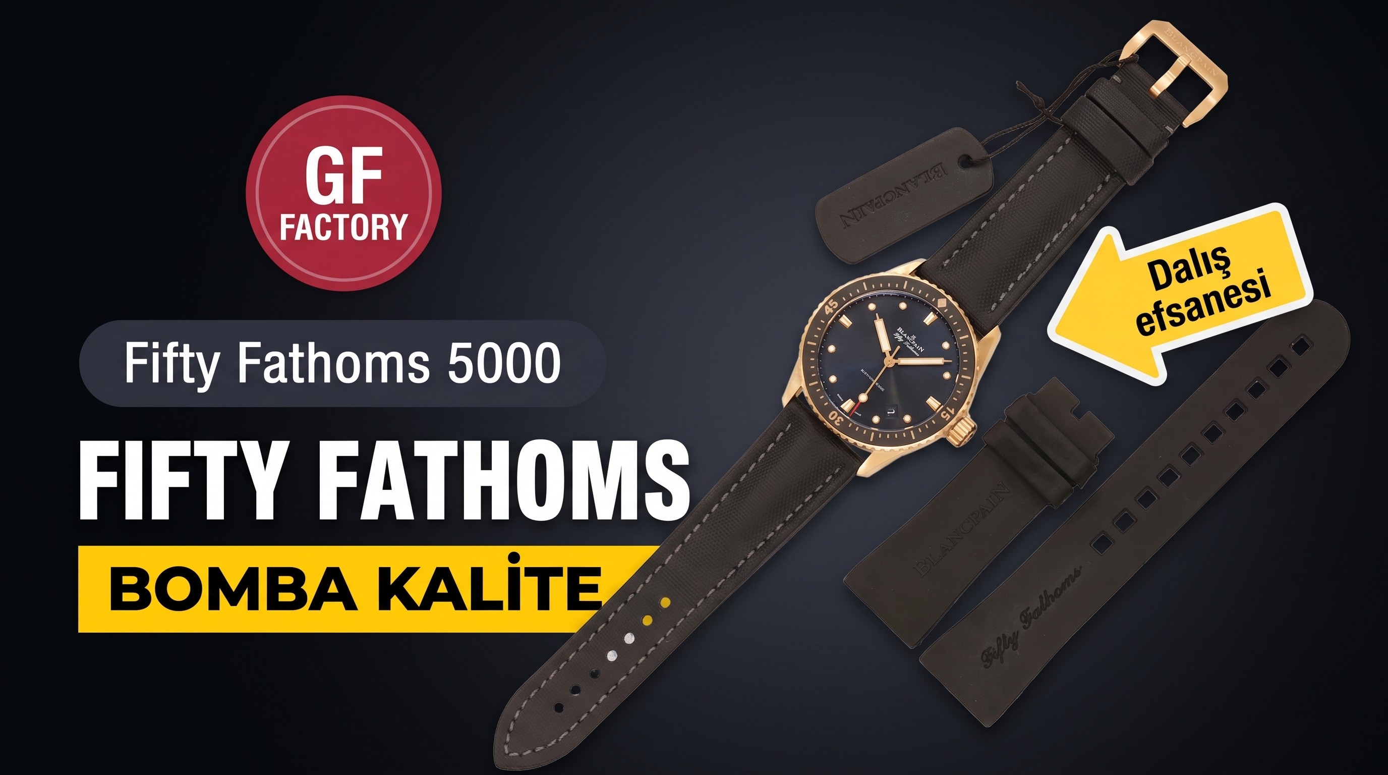 GF Factory Blancpain Fifty Fathoms 5000 altın kaplama siyah kadran saat incelemesi