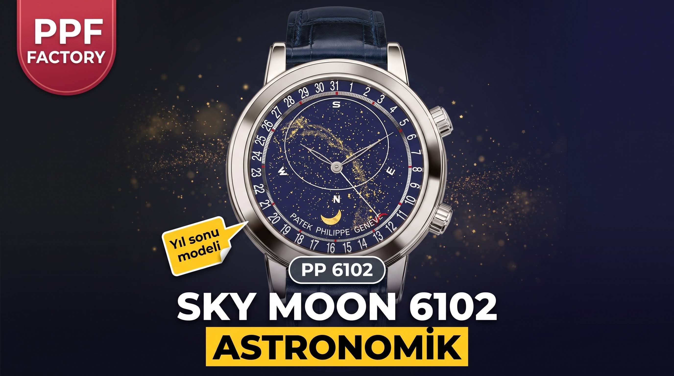 PPF üretimi — PP6102 yıl sonunun kapanış modeli. Astronomik komplikasyonu, dönen kocaman bir yıldızlı gökyüzü evrenine sığdırıyor 🌌✨