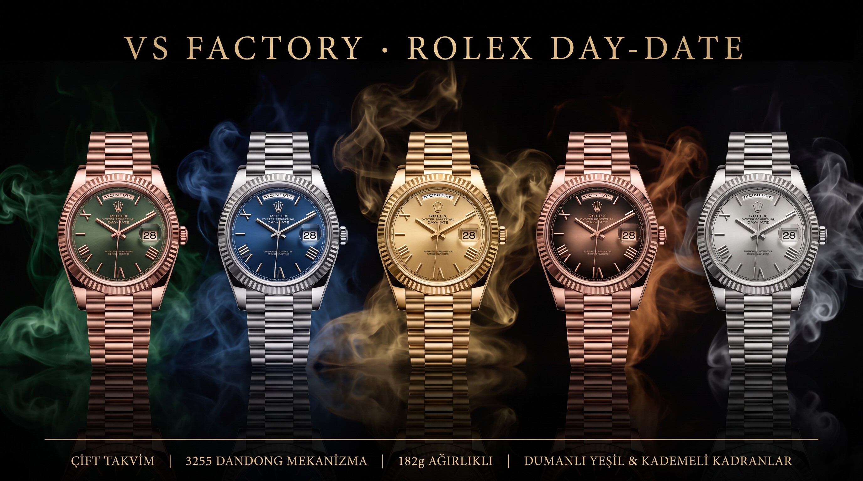 VS Factory Rolex Day-Date DD çift takvim, 182g ağırlıklı, siyah karamel ve dumanlı yeşil, 3255 mekanizmanın işçiliği nasıl?
