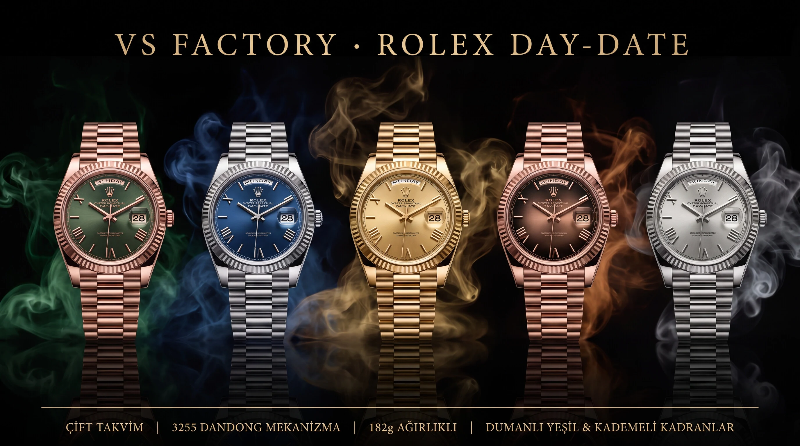 VS Factory Rolex Day-Date DD çift takvim, 182g ağırlıklı, siyah karamel ve dumanlı yeşil, 3255 mekanizmanın işçiliği nasıl?