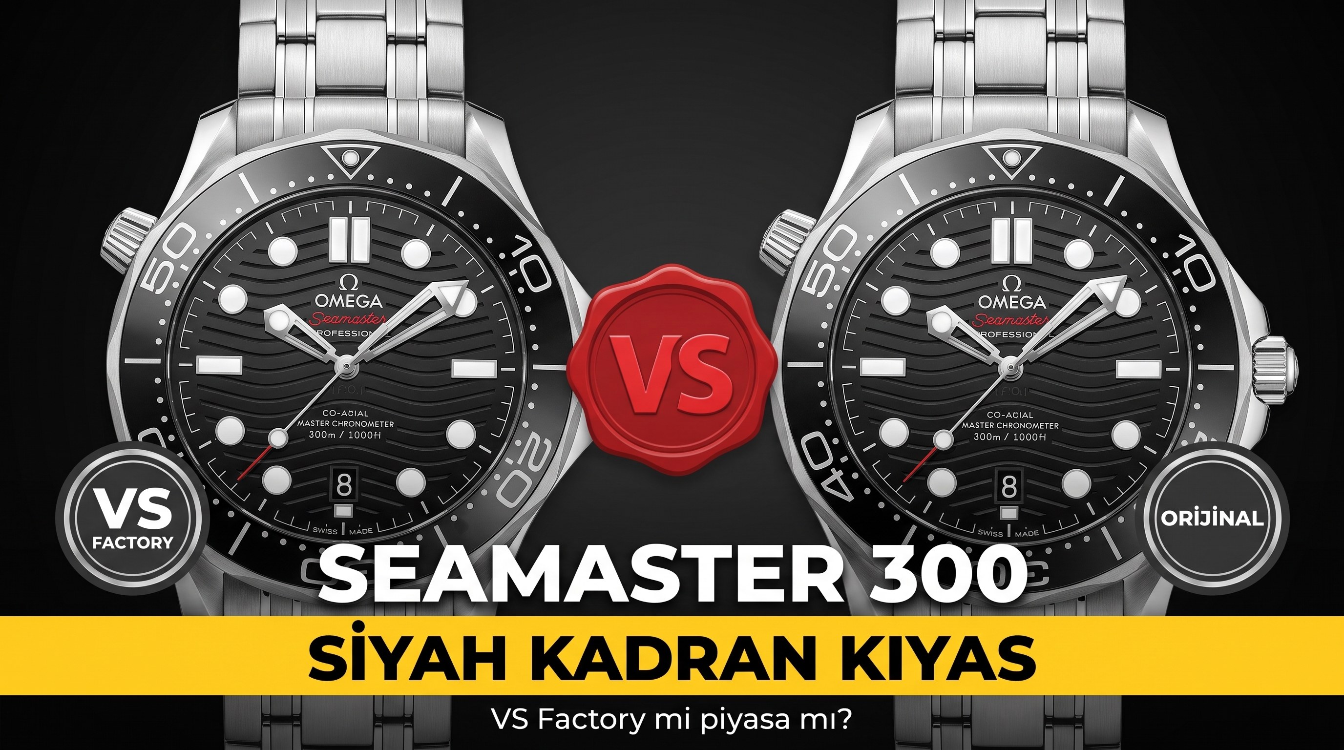 VS Factory Omega replika saat ile piyasa versiyonu karşılaştırması - Seamaster 300 siyah kadran modeli