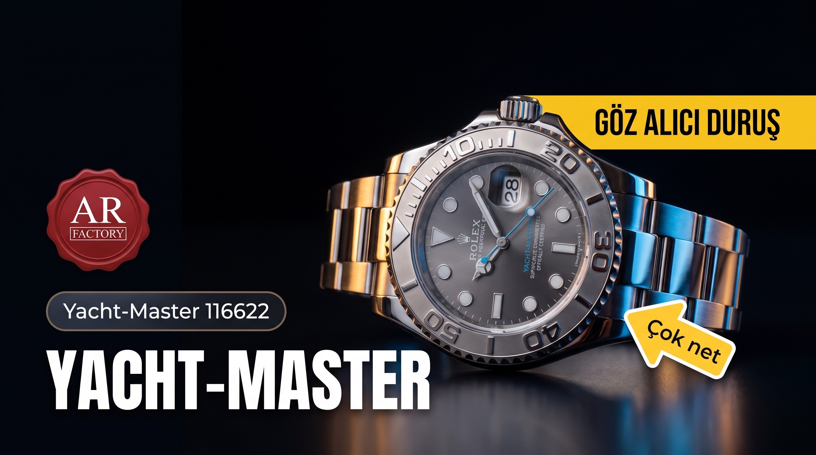 AR Factory Rolex Yacht-Master ithal 904L gri kadran mavi akrep 116622 yat saati incelemesi