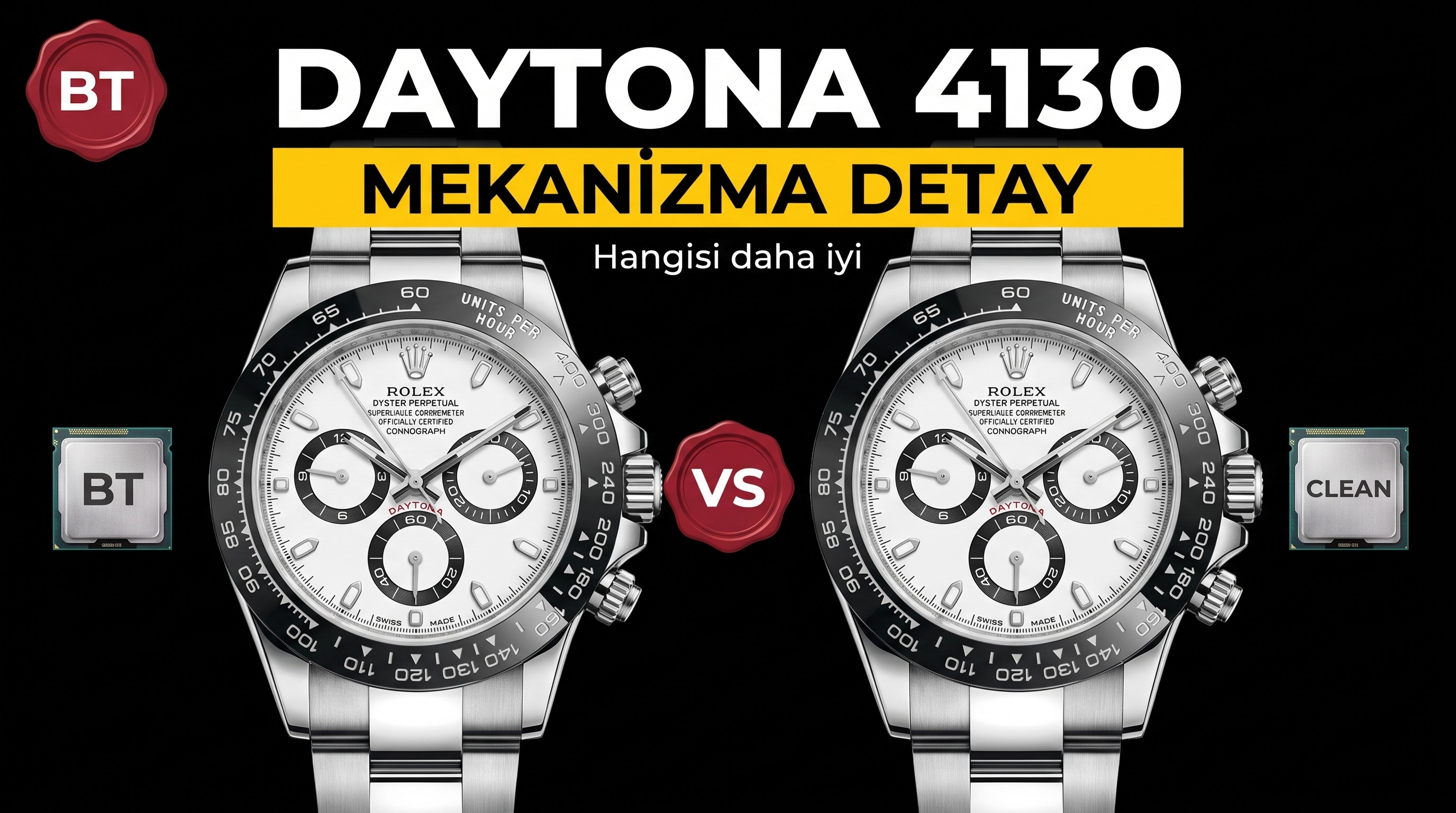 BT Factory Rolex Daytona 4130 mekanizmasının detaylı incelemesi; Clean ve N Factory ile karşılaştırma, hangisini seçmeli?