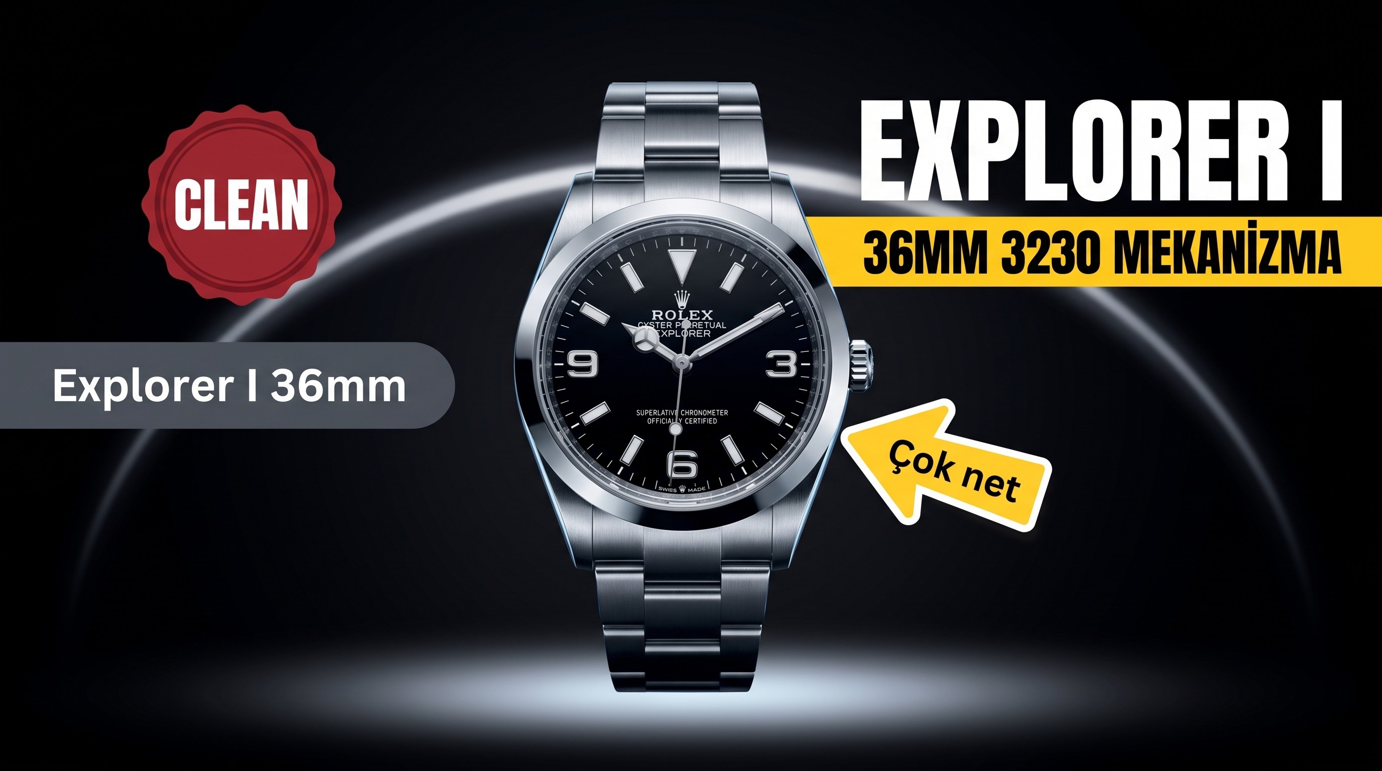 Clean Rolex Explorer I 36 mm 3230 mekanizmalı — bir bakışta replika olduğu belli olur mu?