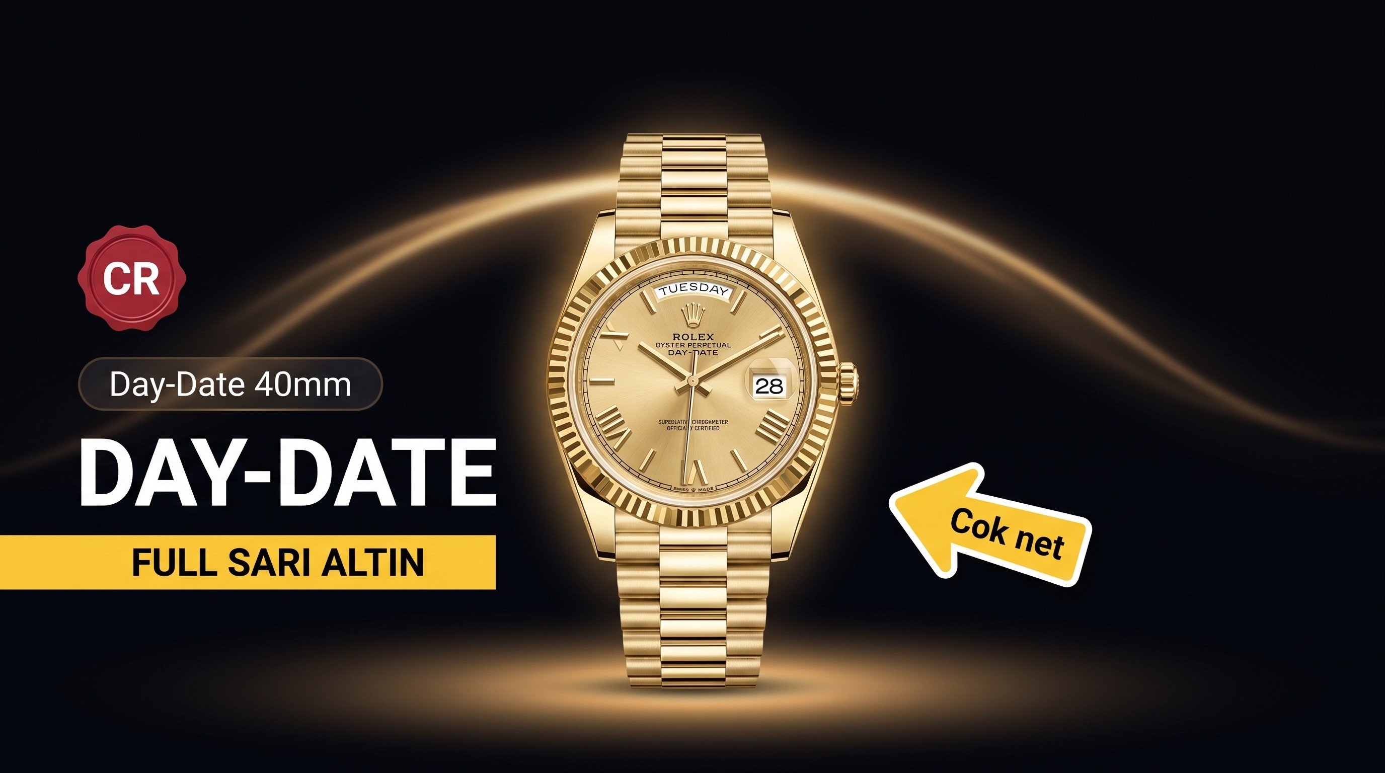 CR Factory Üretimi Replika Rolex Day Date 40 mm Full Sarı Altın Saat