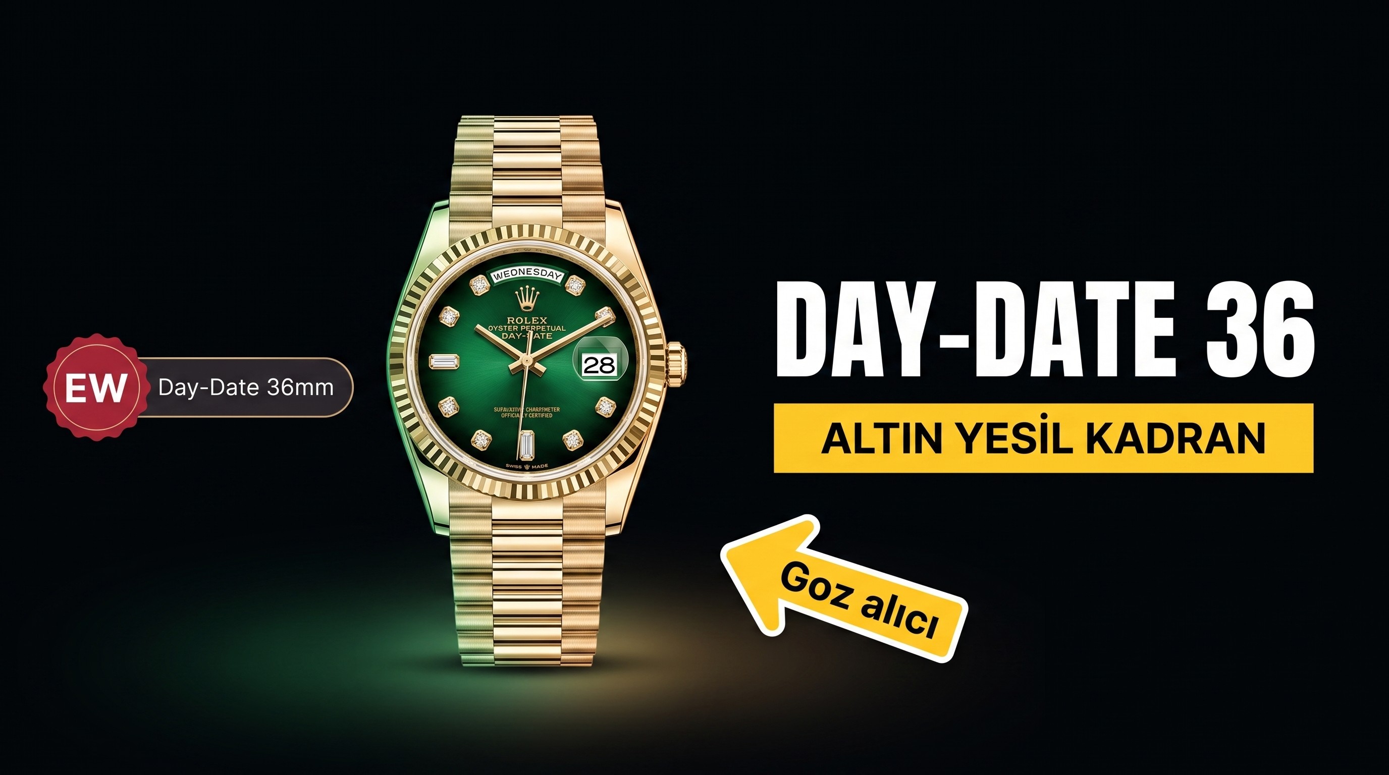 EW Factory Replika Rolex Day-Date 36 mm Sarı Altın Yeşil Kadranlı
