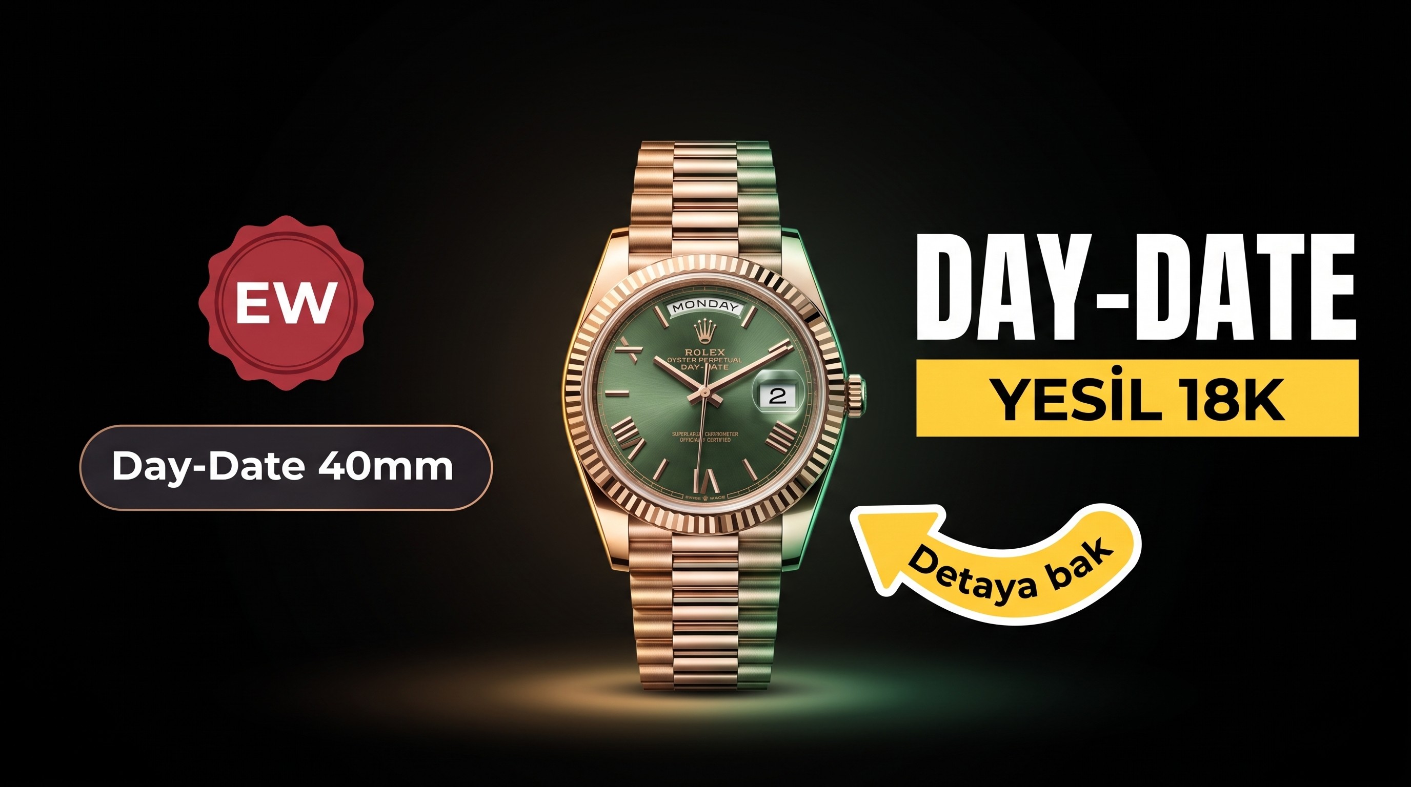 EW Factory Rolex Day-Date 40 mm 3255 Mekanizma (18K Yeşil Kadran) İnceleme