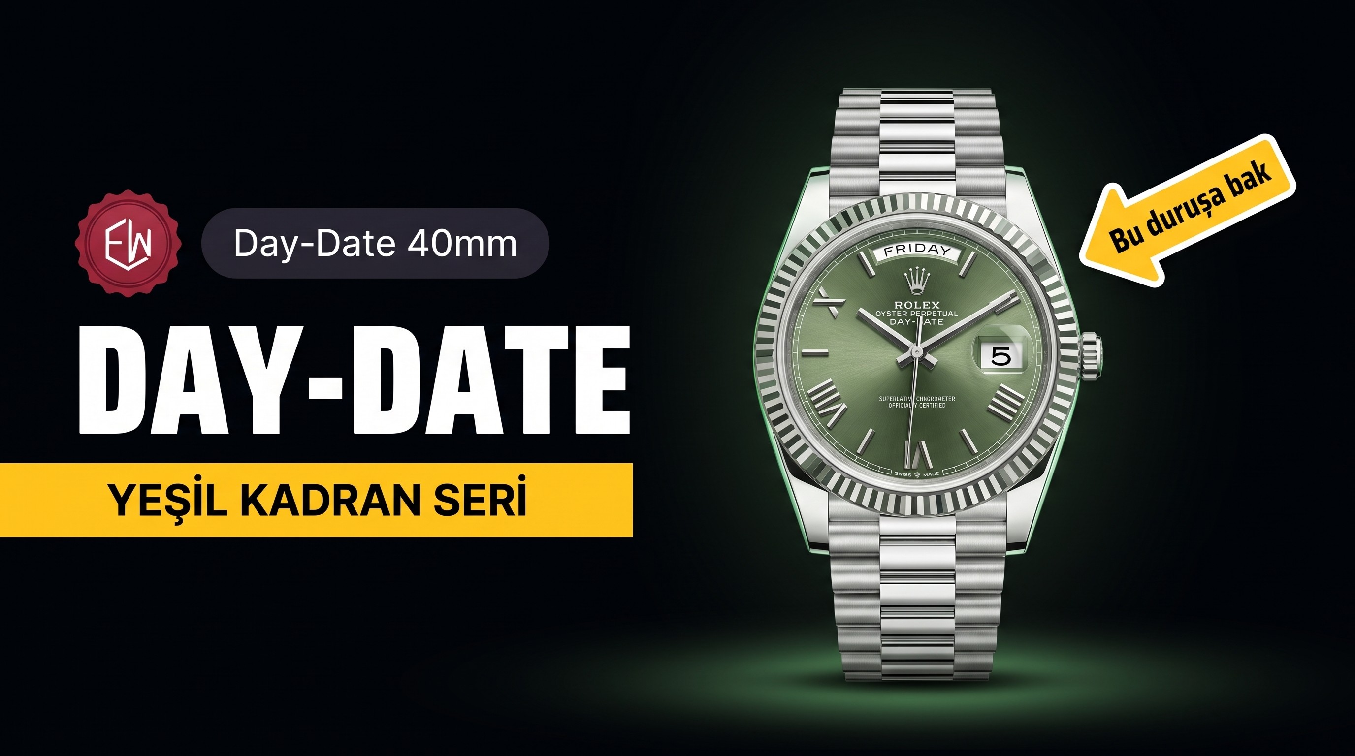 EW Factory Rolex Day-Date 40 mm serisi 3255 mekanizmalı (yeşil kadran) saat incelemesi