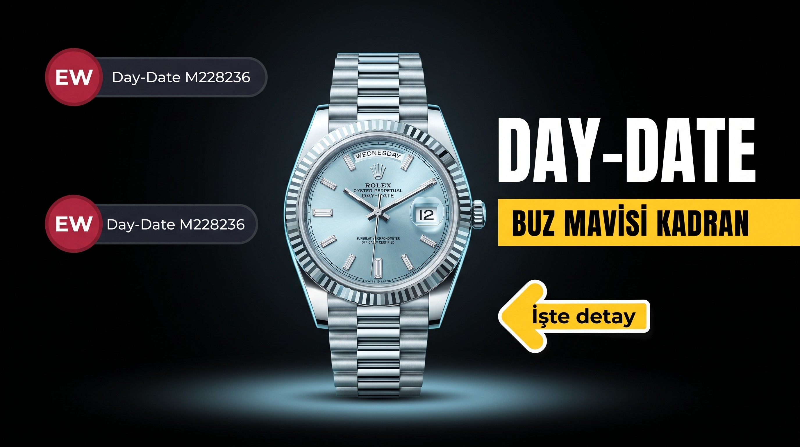 EW Factory Rolex Day-Date buz mavisi kadran m228236 işçilik incelemesi