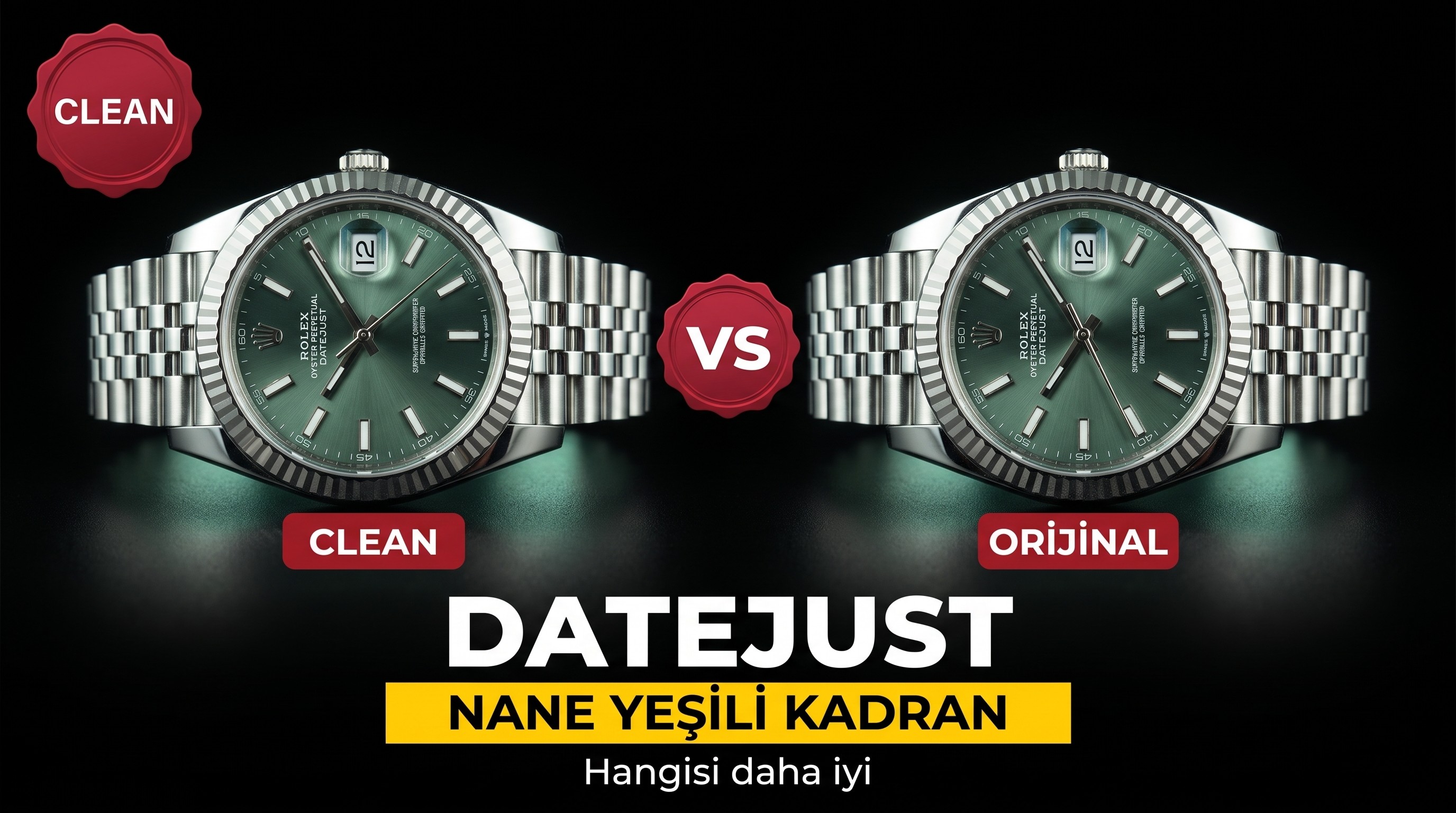 Gerçek-replika karşılaştırması: Clean Rolex Datejust nane yeşili kadran ilk bakışta replika belli olur mu?