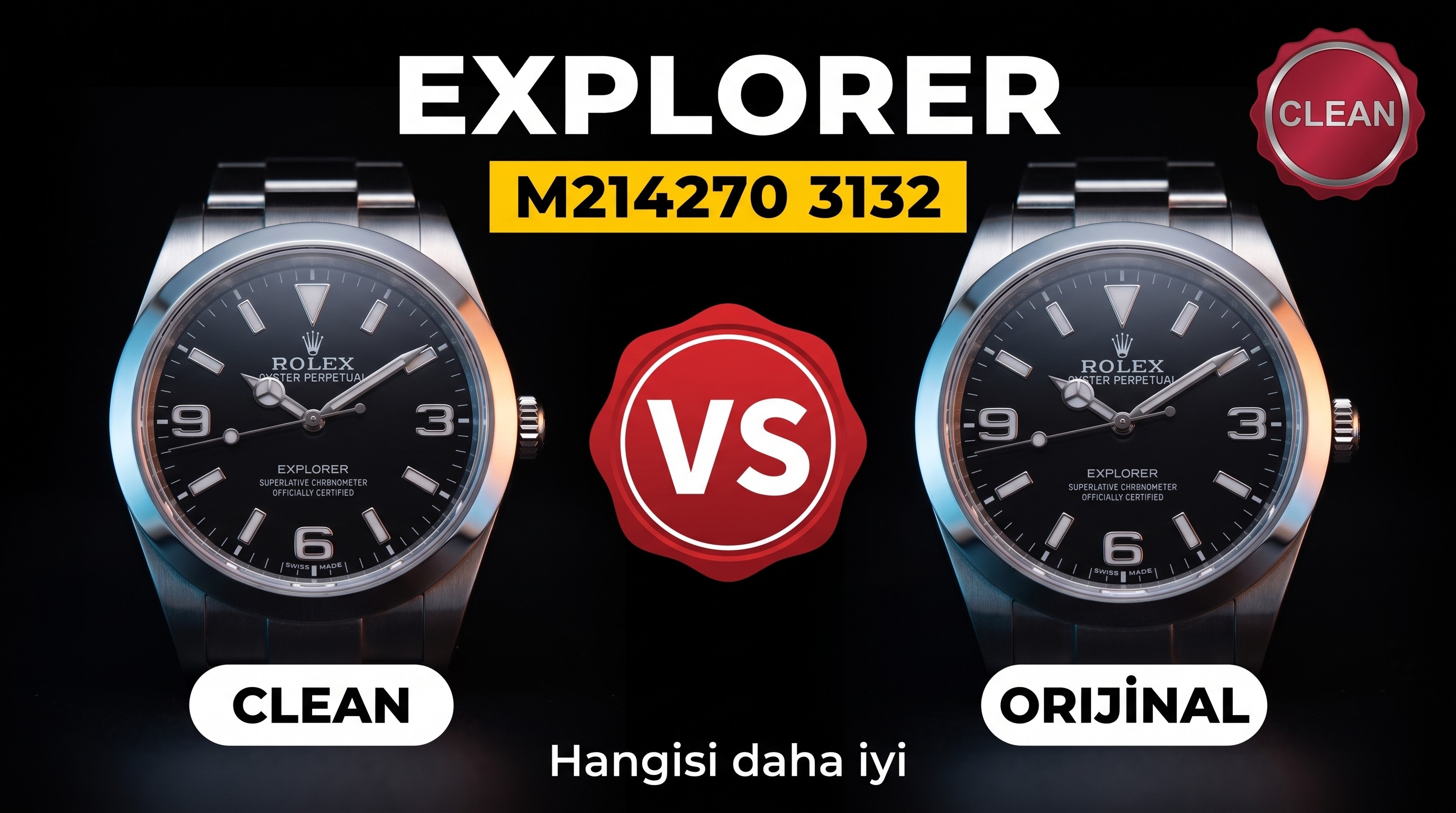 Gerçek-Replika Karşılaştırması: Clean Rolex Explorer Birinci Nesil m214270, 3132 Mekanizma, 39 mm