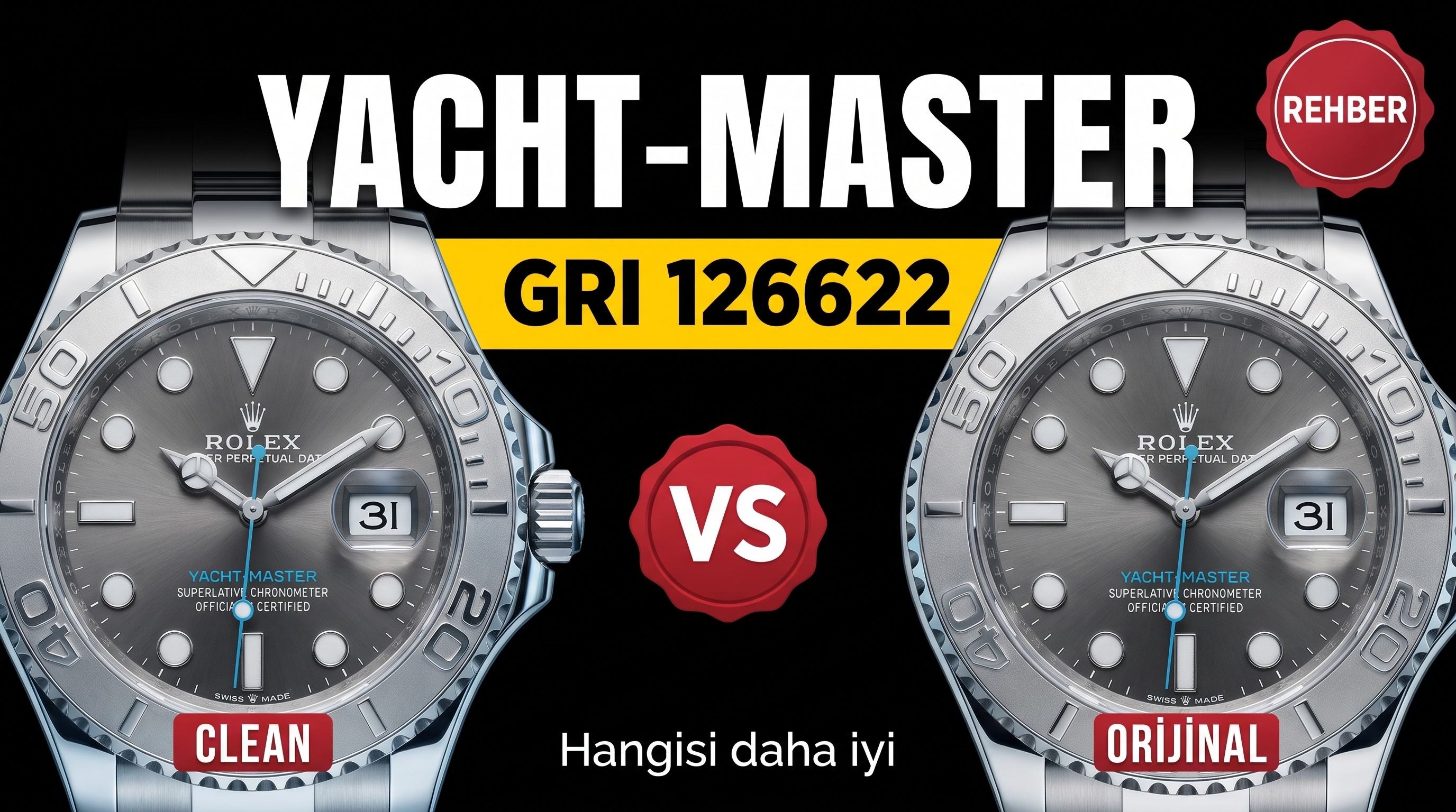 Gerçek-replika karşılaştırması: CLEAN/Clean Rolex gri Yacht-Master 126622 incelemesi