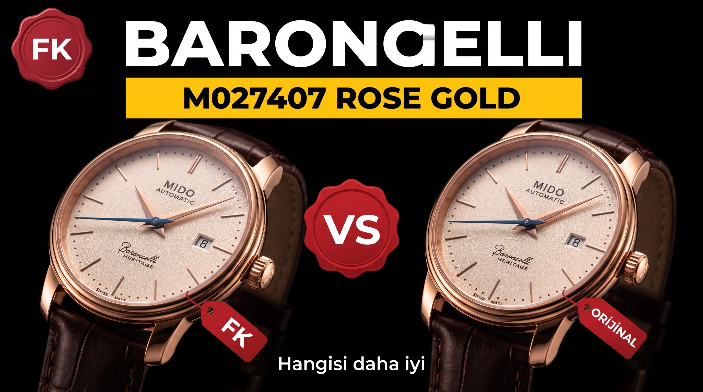 Gerçek-replika karşılaştırması: FK Factory Mido Baroncelli serisi M027.407 rose gold replika saat incelemesi, işçiliği nasıl?