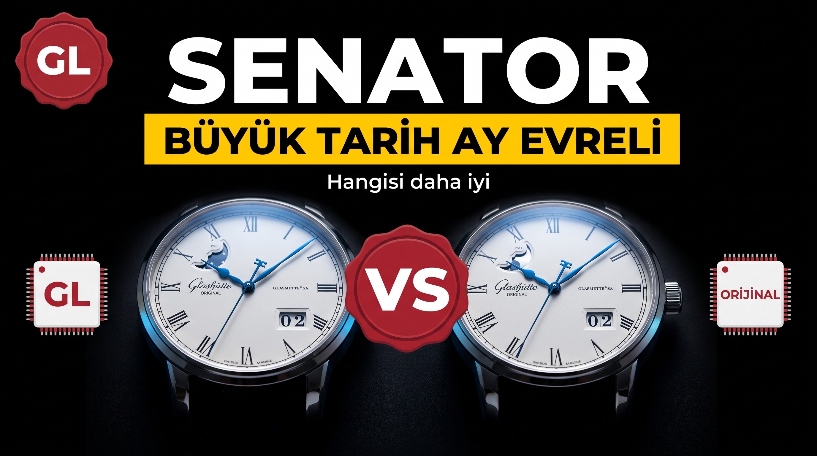 Gerçek-Replika Karşılaştırması: GL Factory Glashütte Senator Büyük Tarih Gerçek Ay Evreli Replika Saat