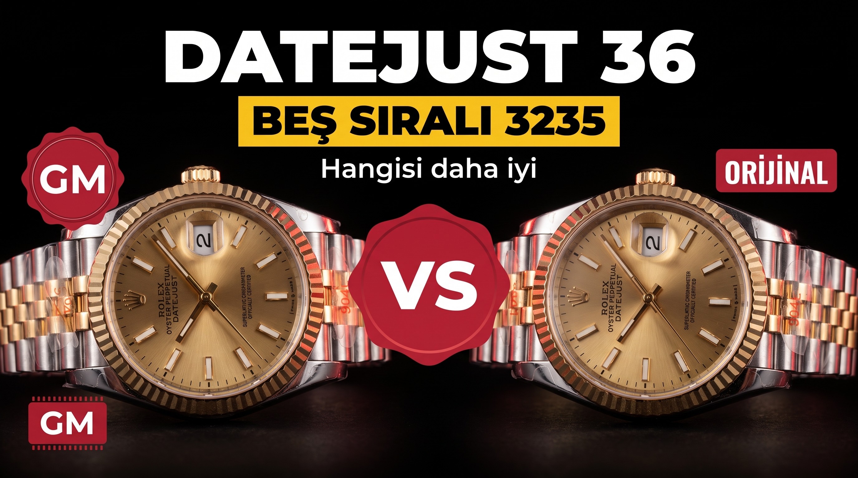 Gerçek-replika karşılaştırması: GM Factory Rolex Datejust 36 mm beş sıralı bilezik, 3235 tek parça mekanizma V3 versiyon, altın kaplama seri orijinal ile inceleme
