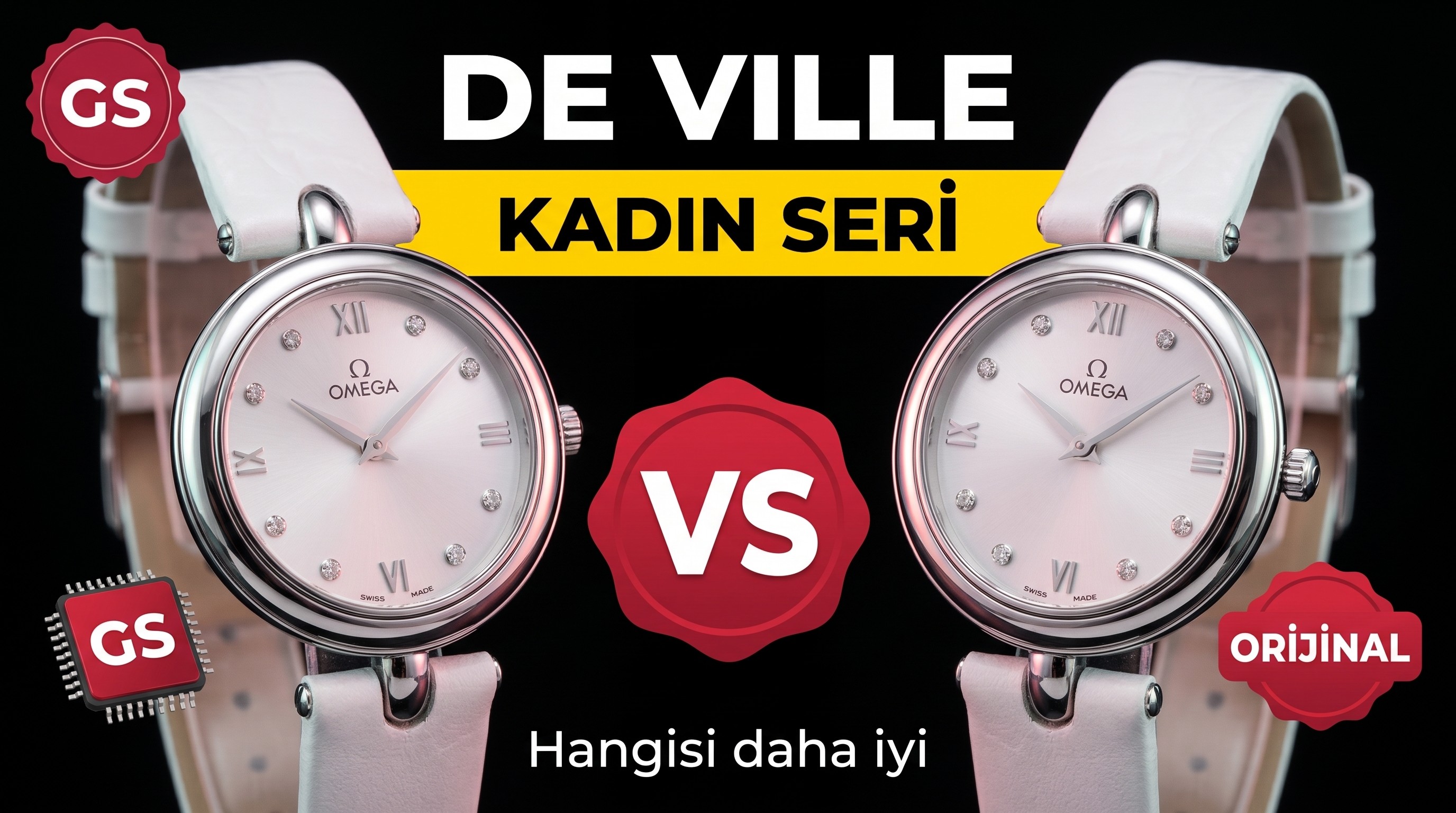 Gerçek-replika karşılaştırması: GS Factory Omega De Ville serisi 424.13.27.60.55.001 replika kadın kol saati 27.4 mm İsviçre menşeli kuvars