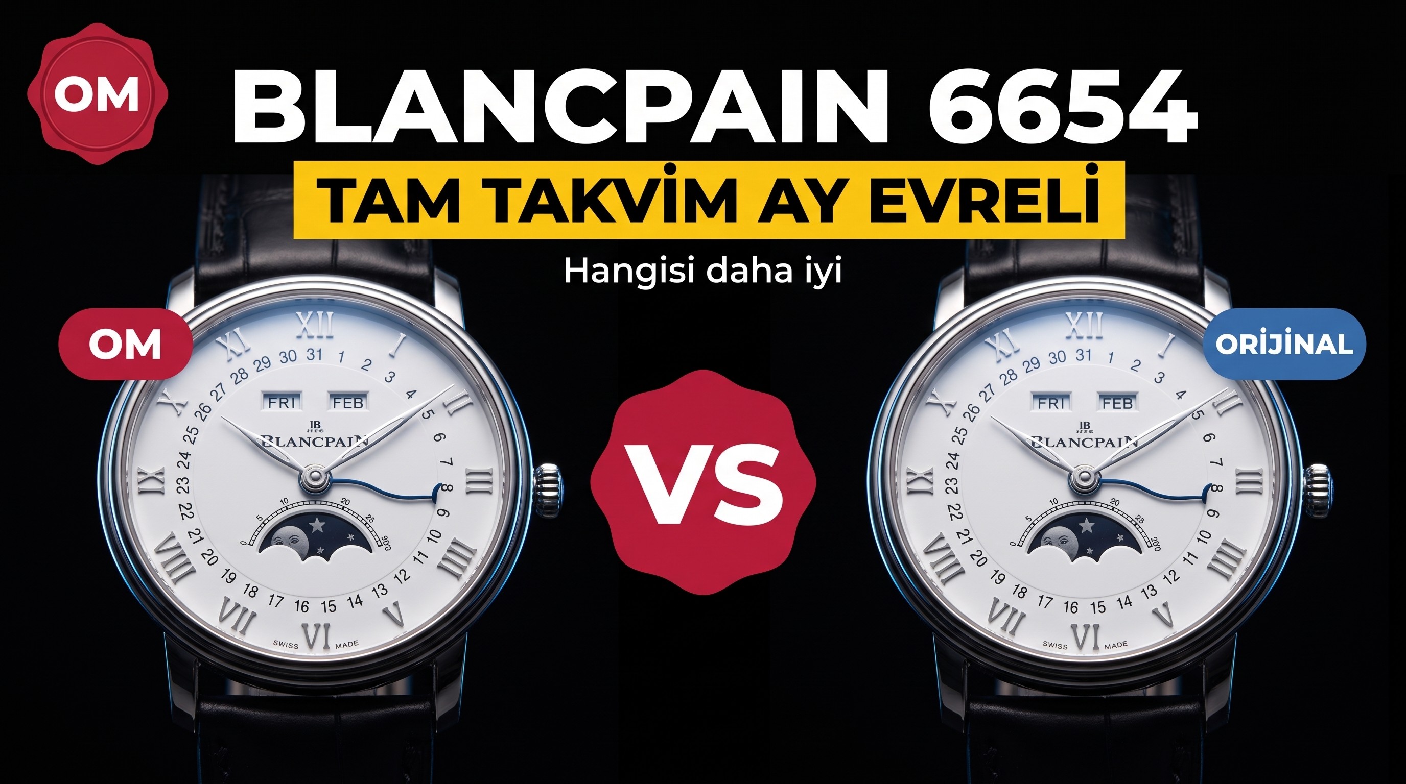 Gerçek-replika karşılaştırması: OM Factory V3 versiyonu Blancpain 6654 tam takvim ay evreli replika saat