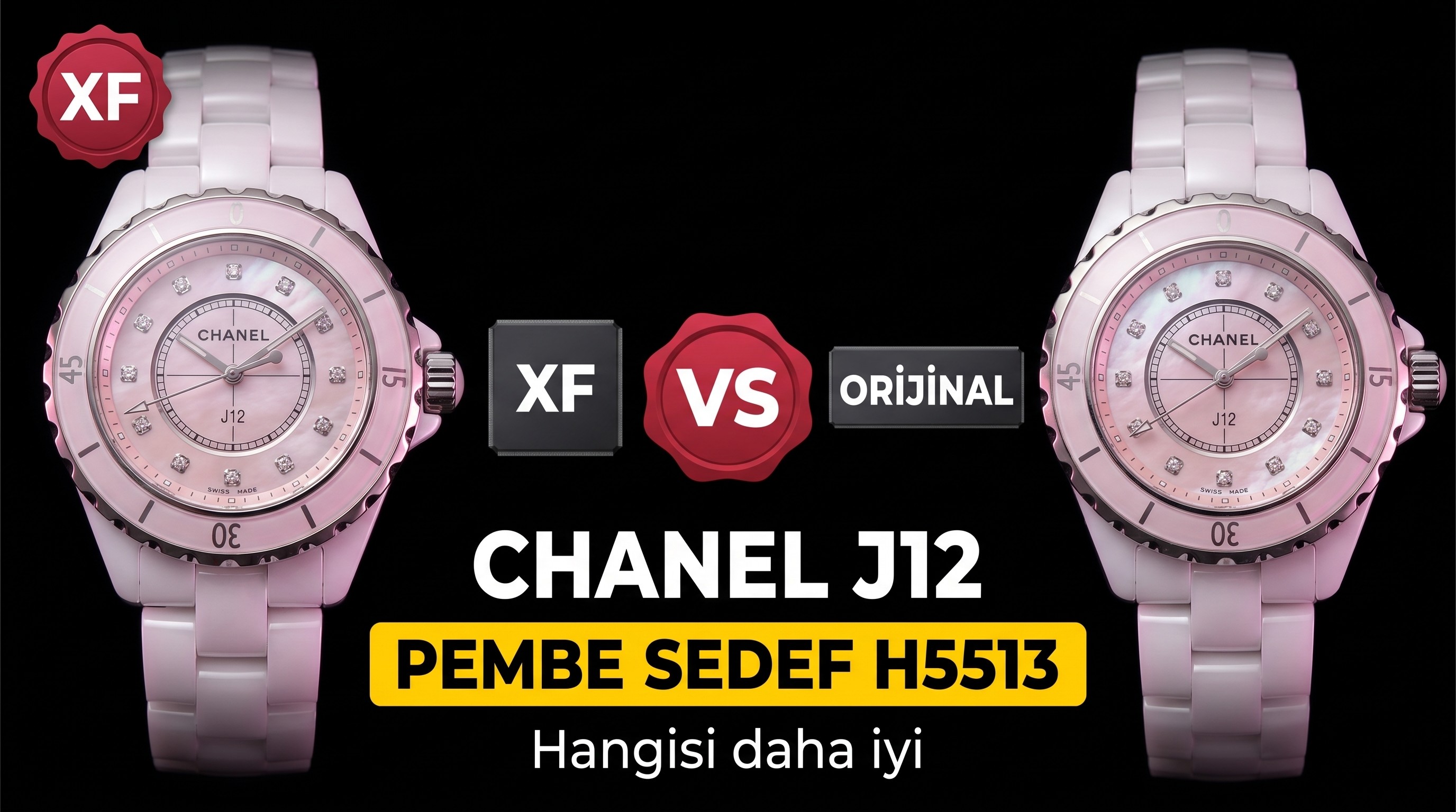 Gerçek-replika karşılaştırması: XF Factory Chanel J12 pembe sedef kadranlı H5513 saat incelemesi