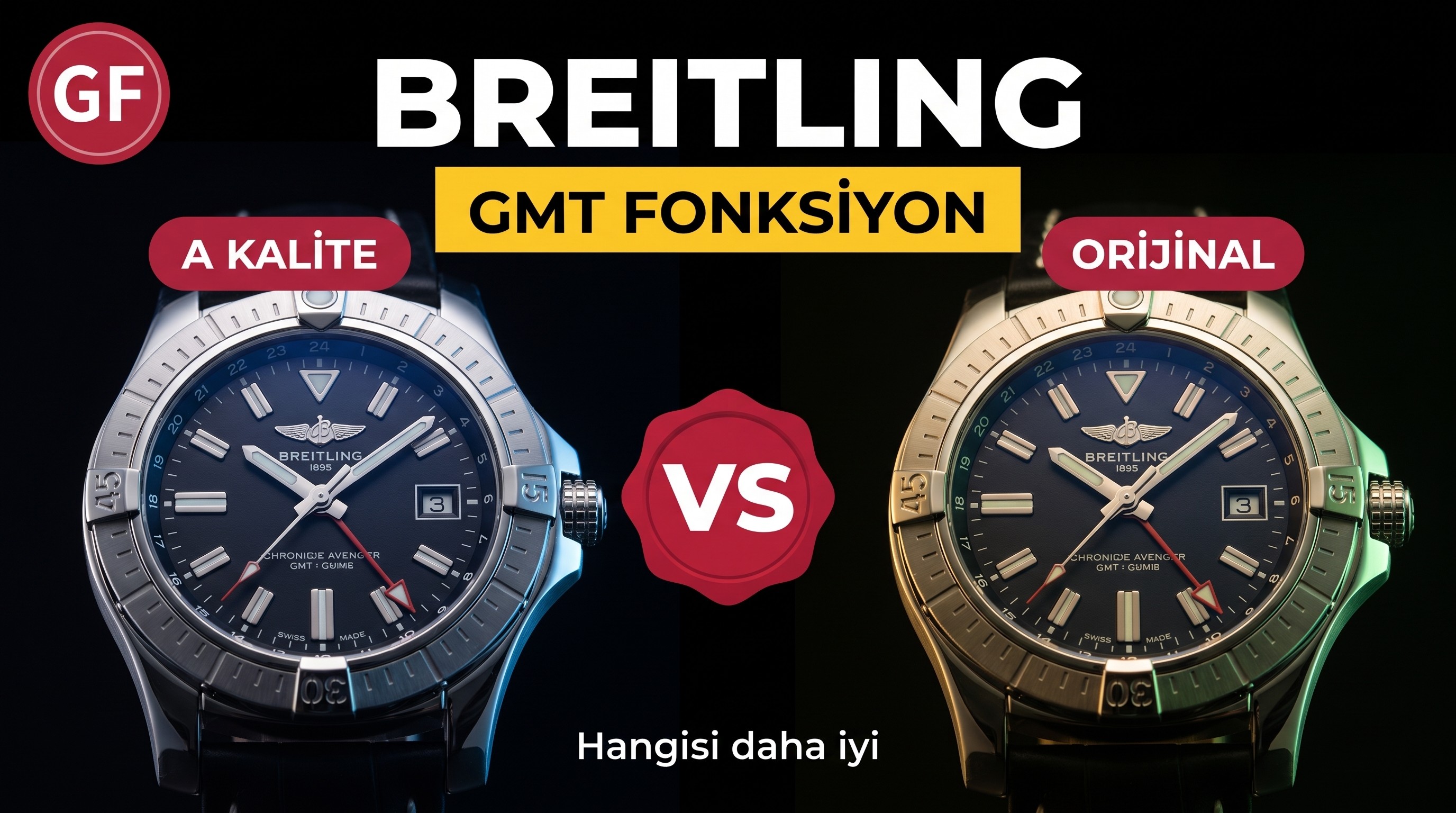 GF Factory V2 Breitling Avenger II GMT A3239011 güncellenmiş versiyon replika saat ile orijinal karşılaştırmalı inceleme