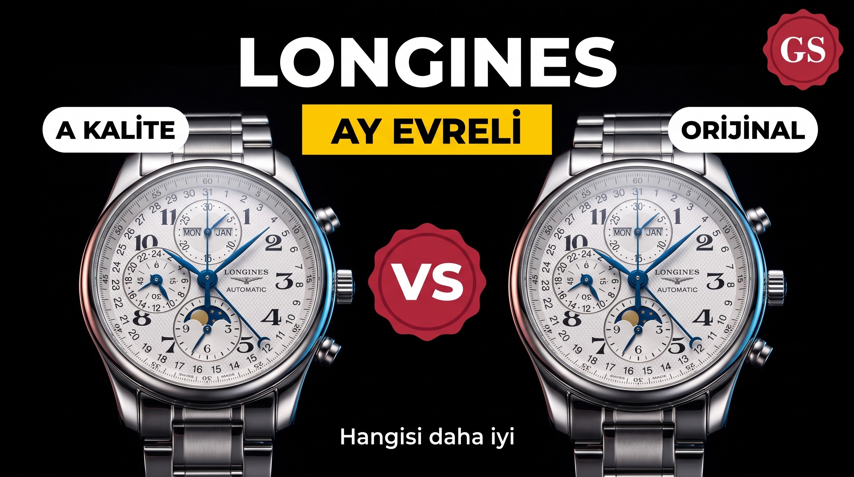 GS Factory Longines Master Collection ay evreli sekiz akrepli replika saat gerçek-replika karşılaştırması incelemesi