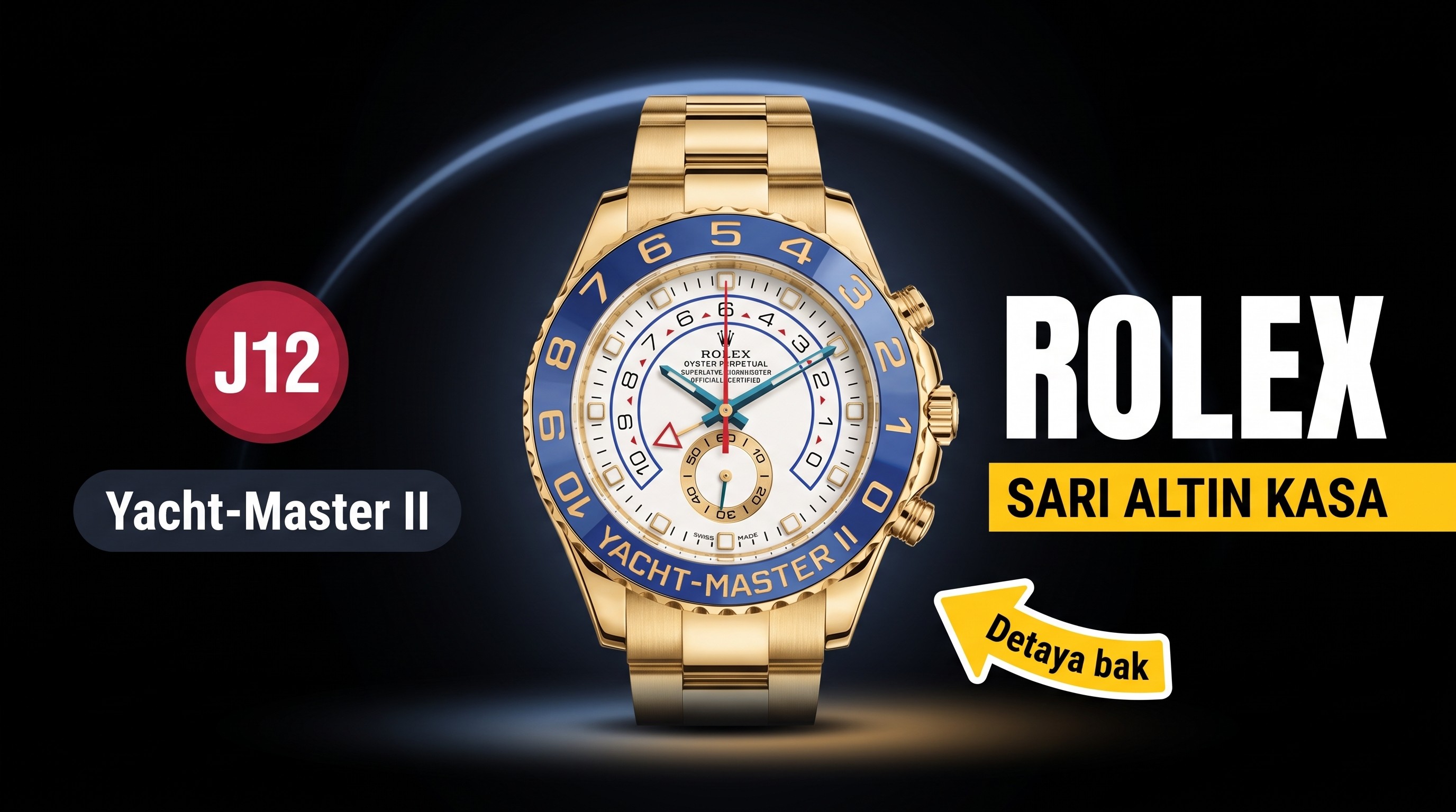 J12 Factory Valjoux 7750 Mekanizmalı En İyi Sarı Altın Rolex YachtMaster II 116688 Replika Saat
