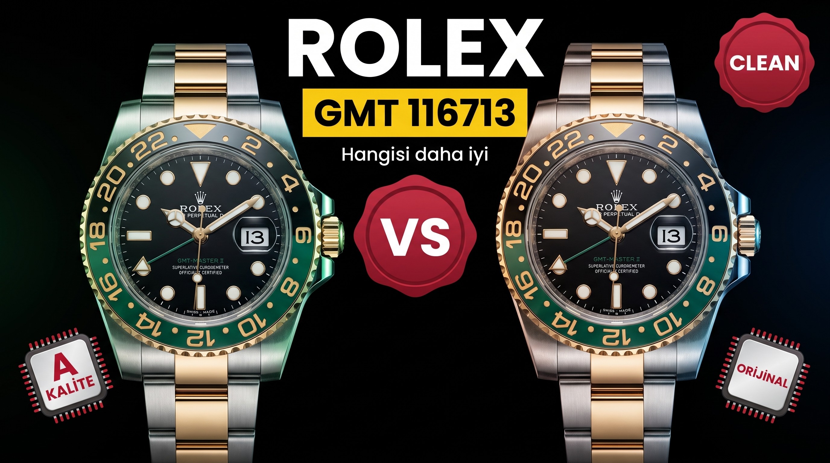Karşılaştırmalı inceleme: Clean Rolex GMT-Master II serisi 116713-LN-78203 kol saati