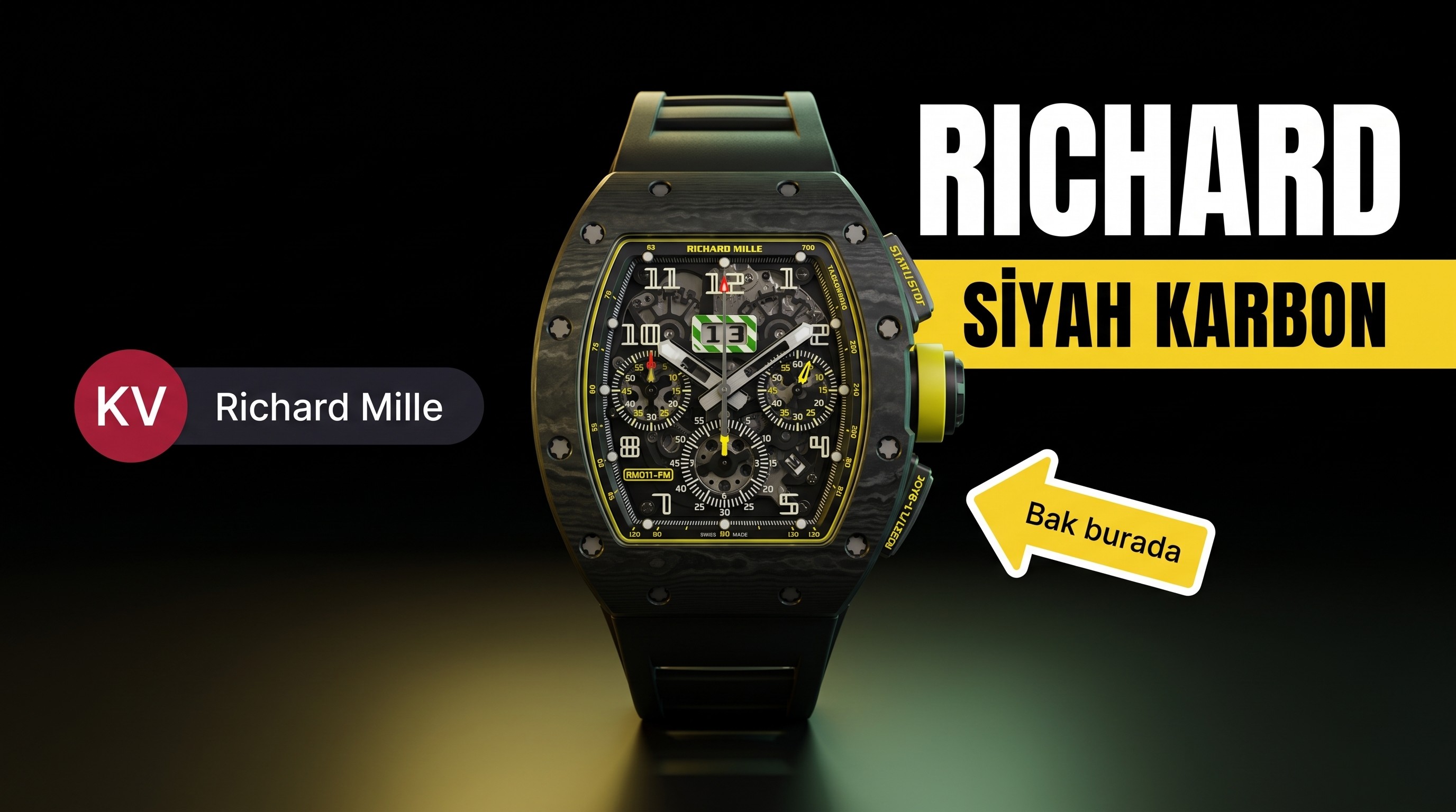 KV Factory En İyi Replika Richard Mille RM011 Havalı Siyah Karbon Saat