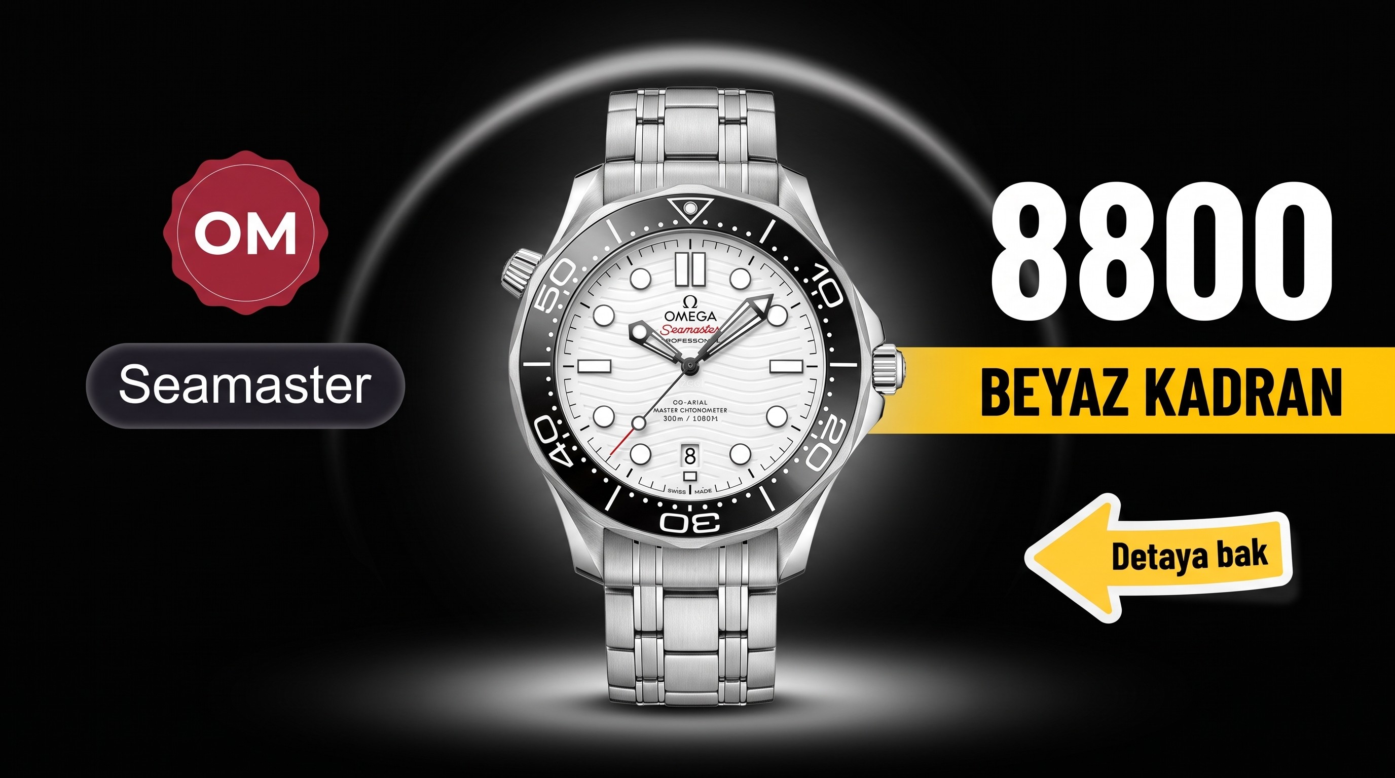 OM Factory Replika Omega Seamaster Diver 300m Siyah Seramik Bezel Beyaz Kadran, Clone 8800 Mekanizmalı