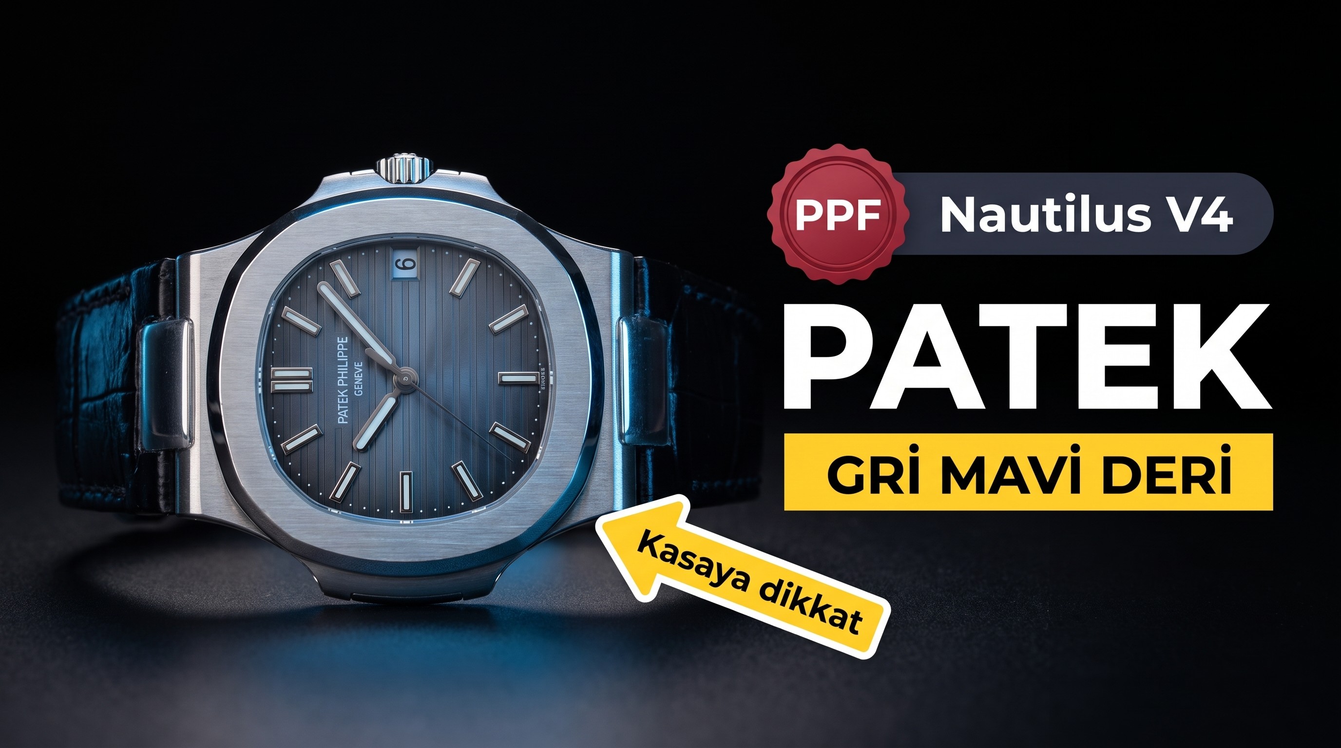 PPF Nautilus V4 versiyonu gri-mavi kadran, deri kayış