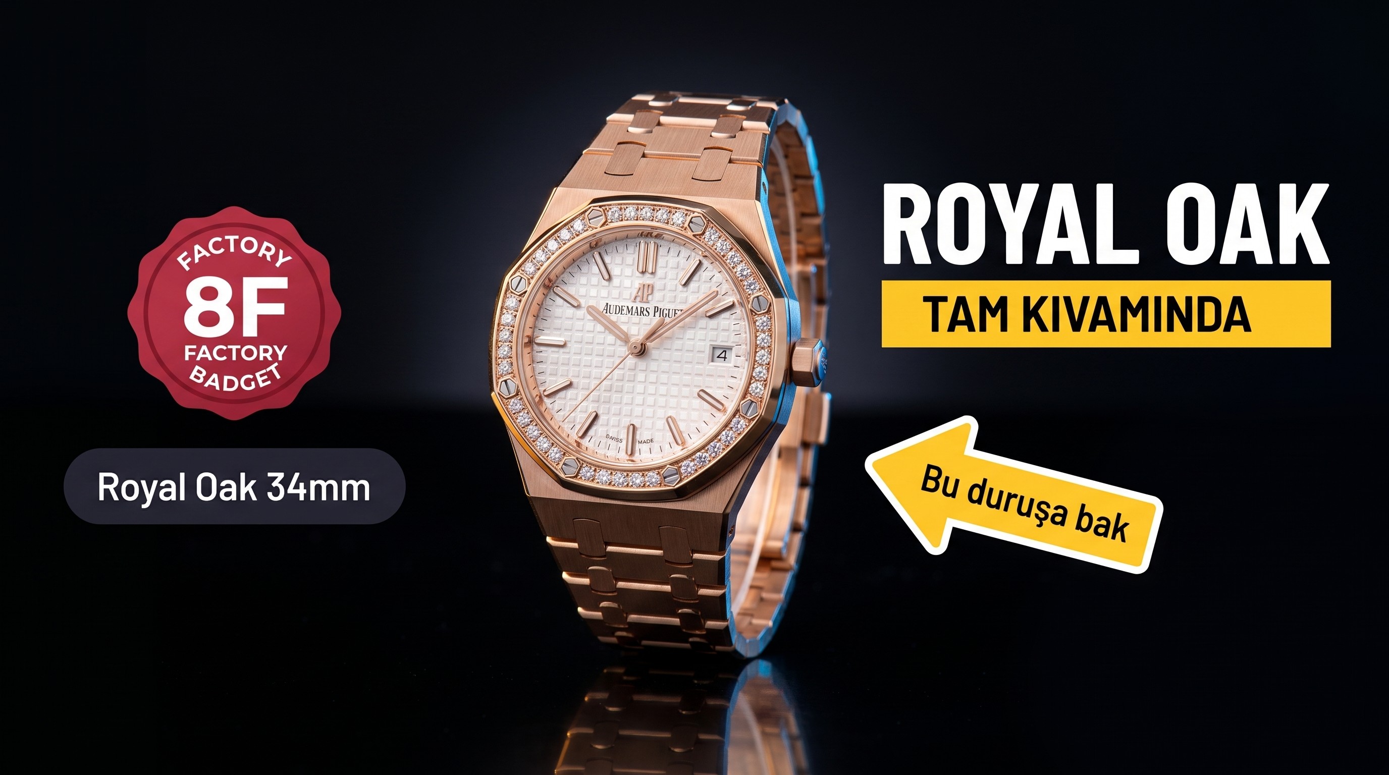 8F Factory Replika Audemars Piguet Royal Oak 34 mm Rose Gold Elmaslı Saat