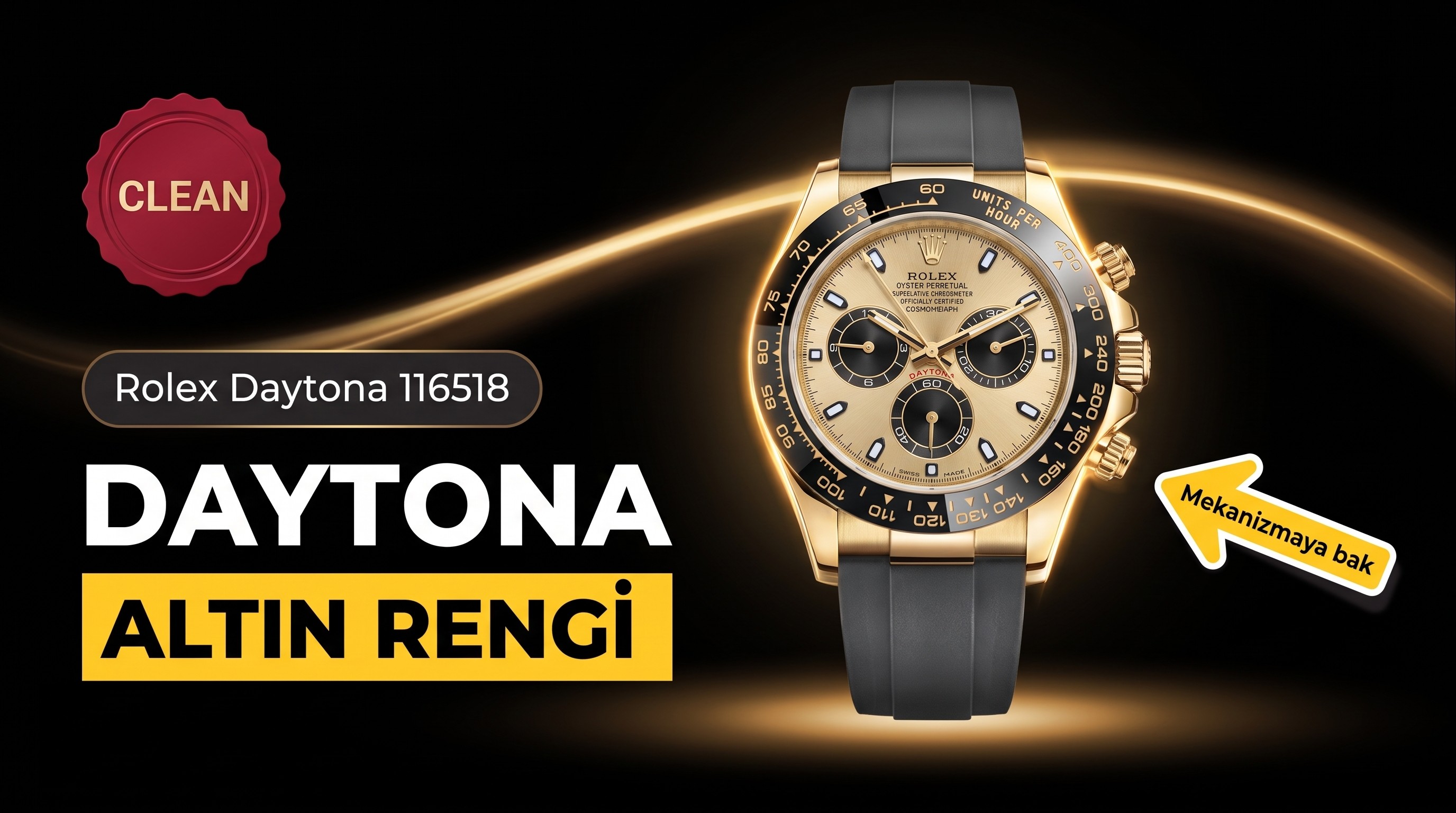 Clean Rolex Daytona 116518 sari altin kasa ve seramik bezel tasarimi