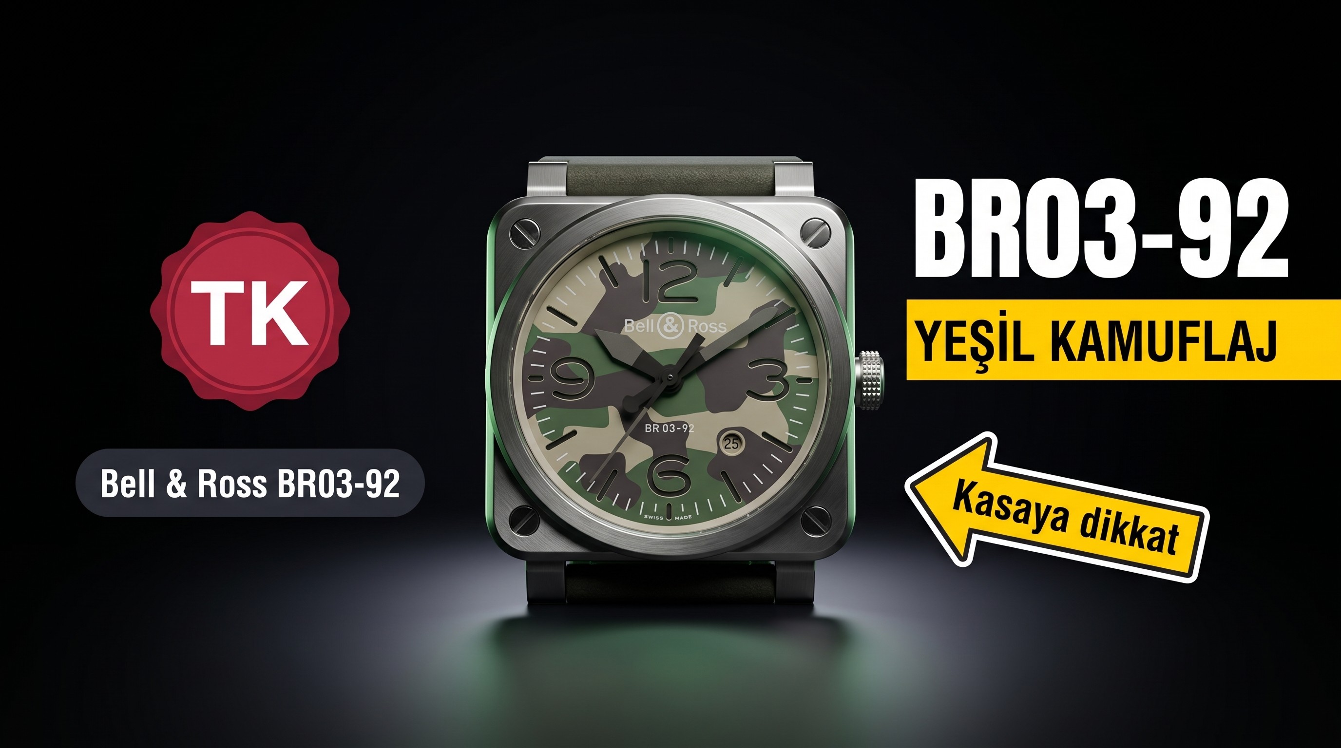 TK Factory Üretimi Replika Bell Ross BR03-92 Yeşil Kamuflaj Askeri Saat
