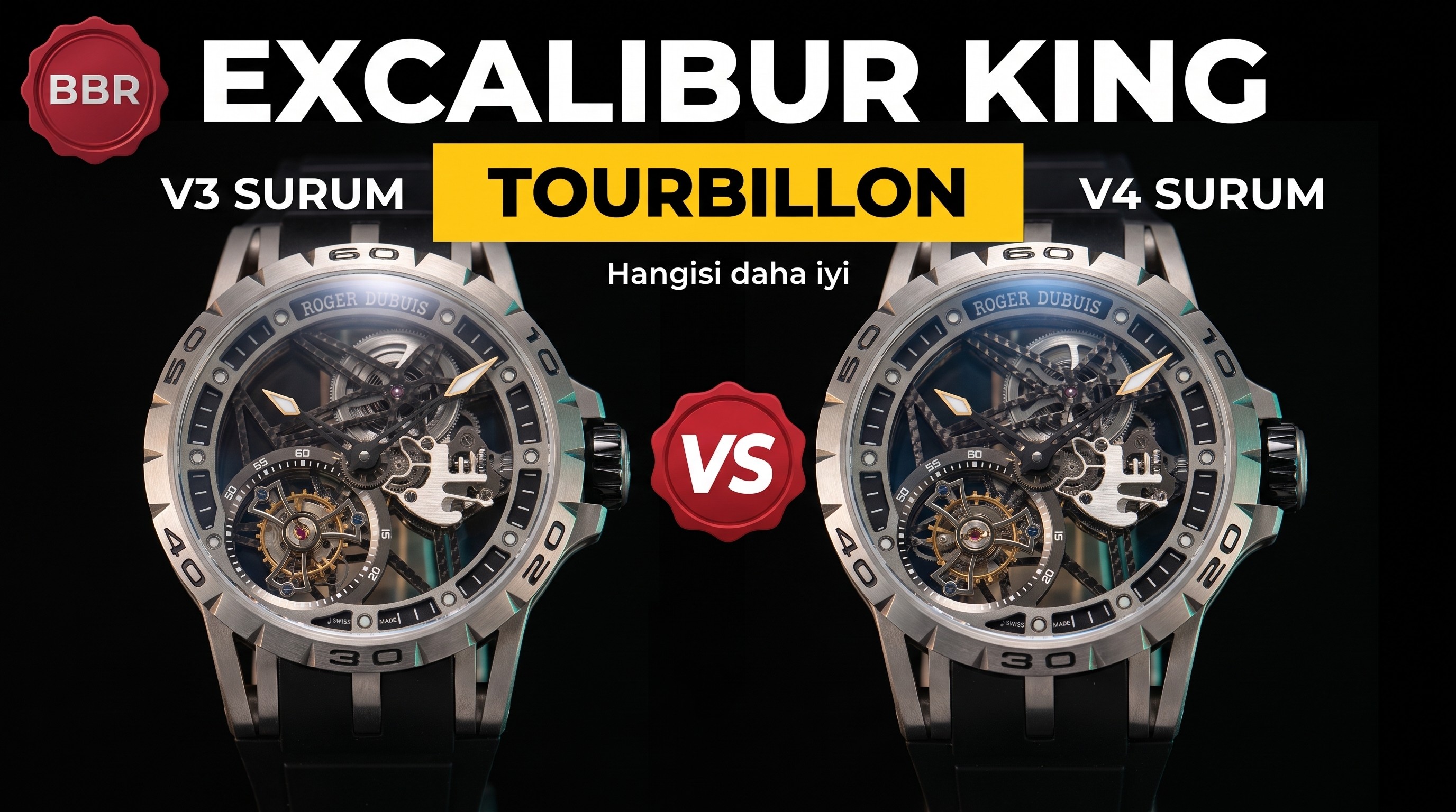 V3 sürümü ile V4 sürümü karşılaştırması: BBR Factory Roger Dubuis Excalibur (King serisi) RDDBEX0479 kauçuk kayışlı erkek tourbillon kol saati
