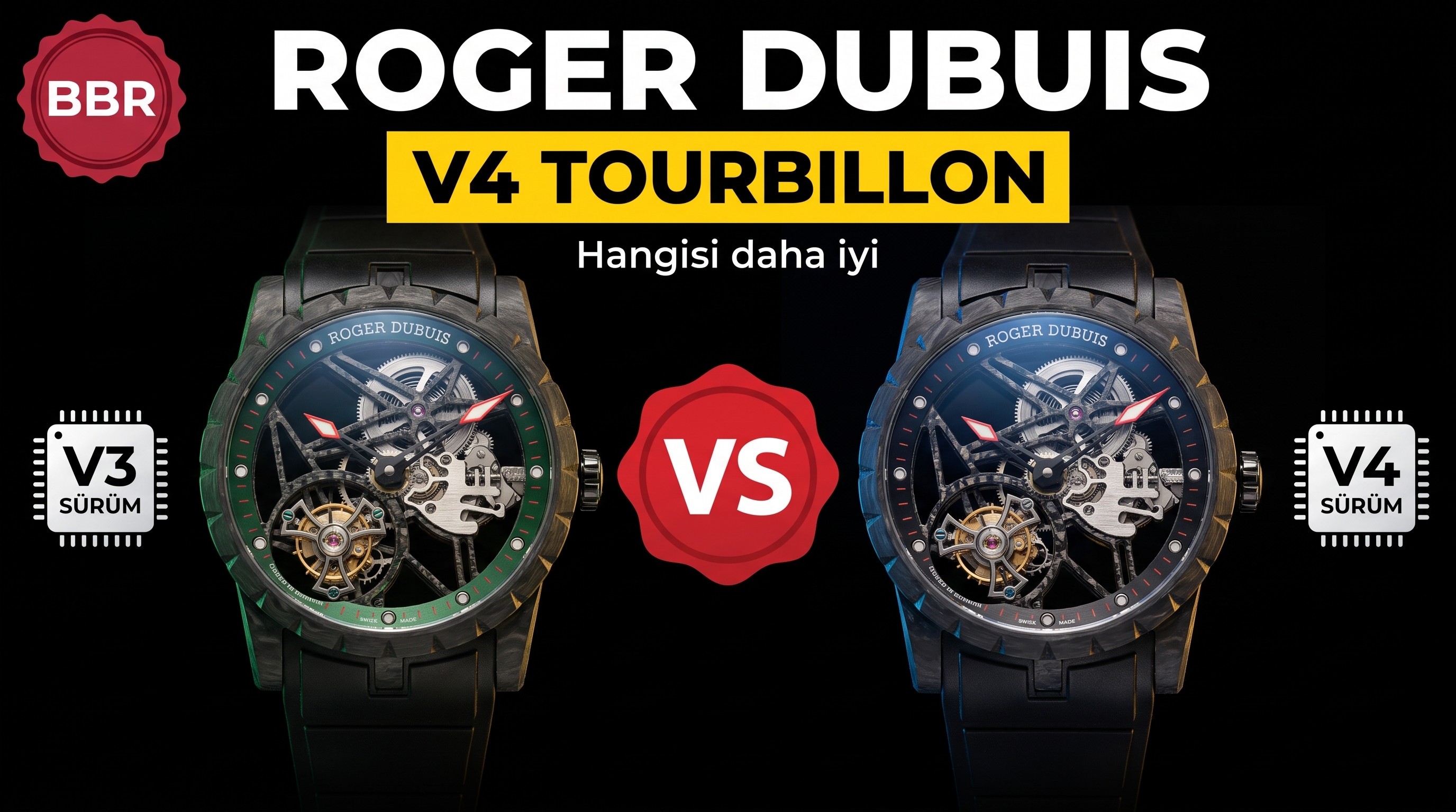 V3 sürümü ile V4 sürümü karşılaştırması: BBR Factory V4 sürüm [Tourbillon] RD Roger Dubuis Excalibur (King serisi) DBEX0577 karbon fiber kasa kol saati