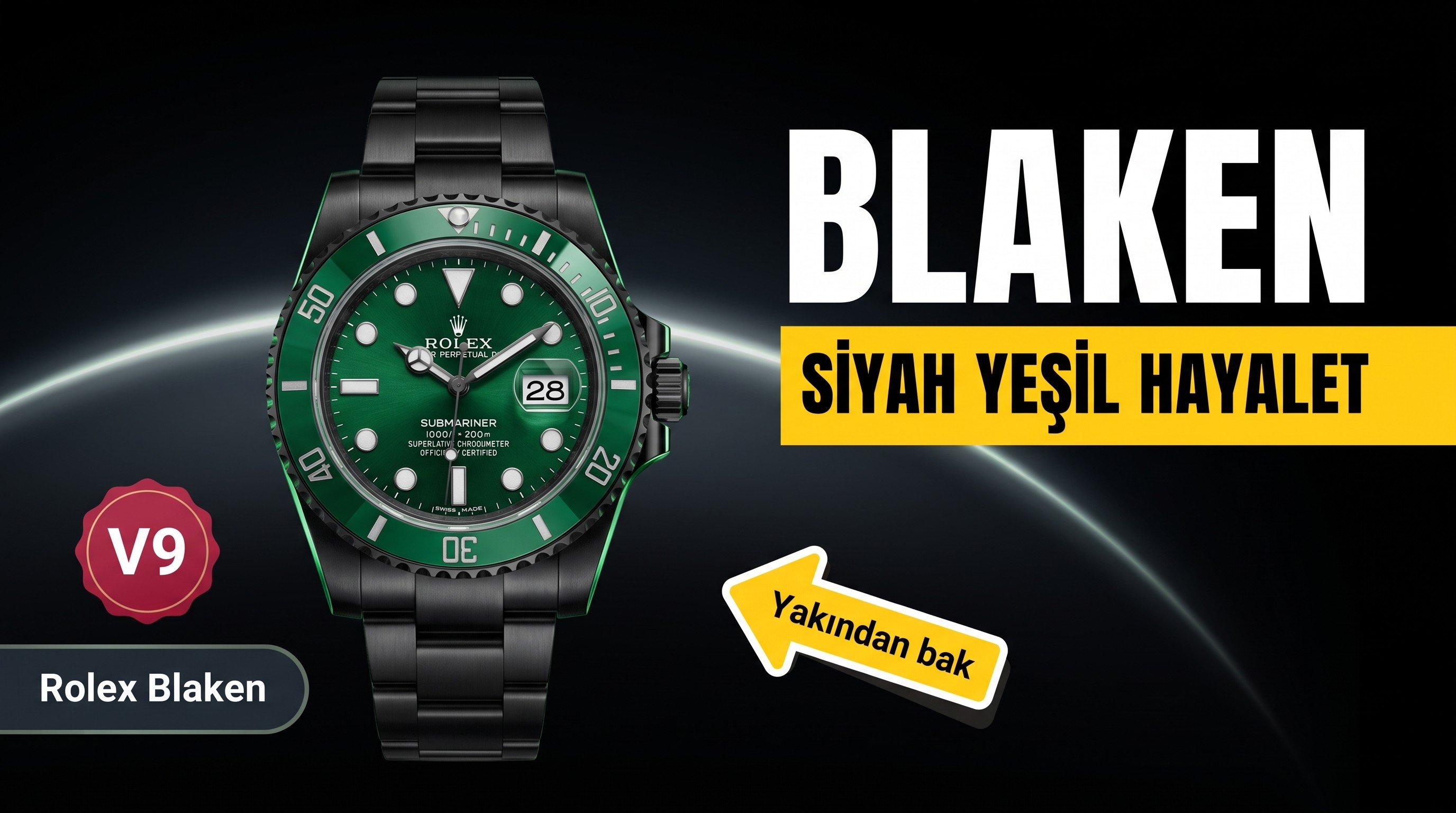 V9 Factory Rolex siyah-yeşil su hayaleti «BLAKEN resmi model» gece siyahı versiyonu orijinalle karşılaştırmalı inceleme