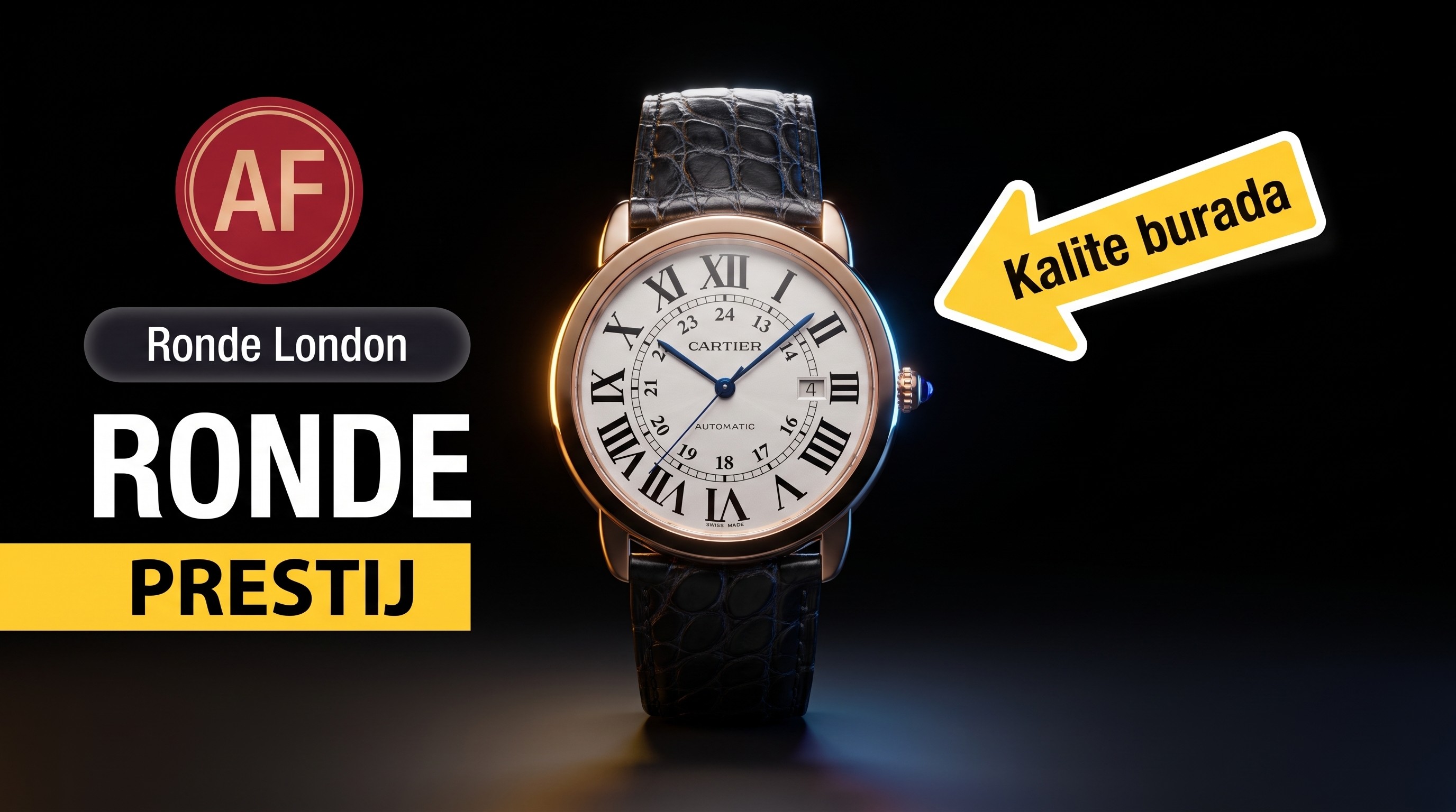 AF Factory Cartier London Ronde Erkek 42 mm Serisi Roz Altın Kasa Siyah Timsah Derisi