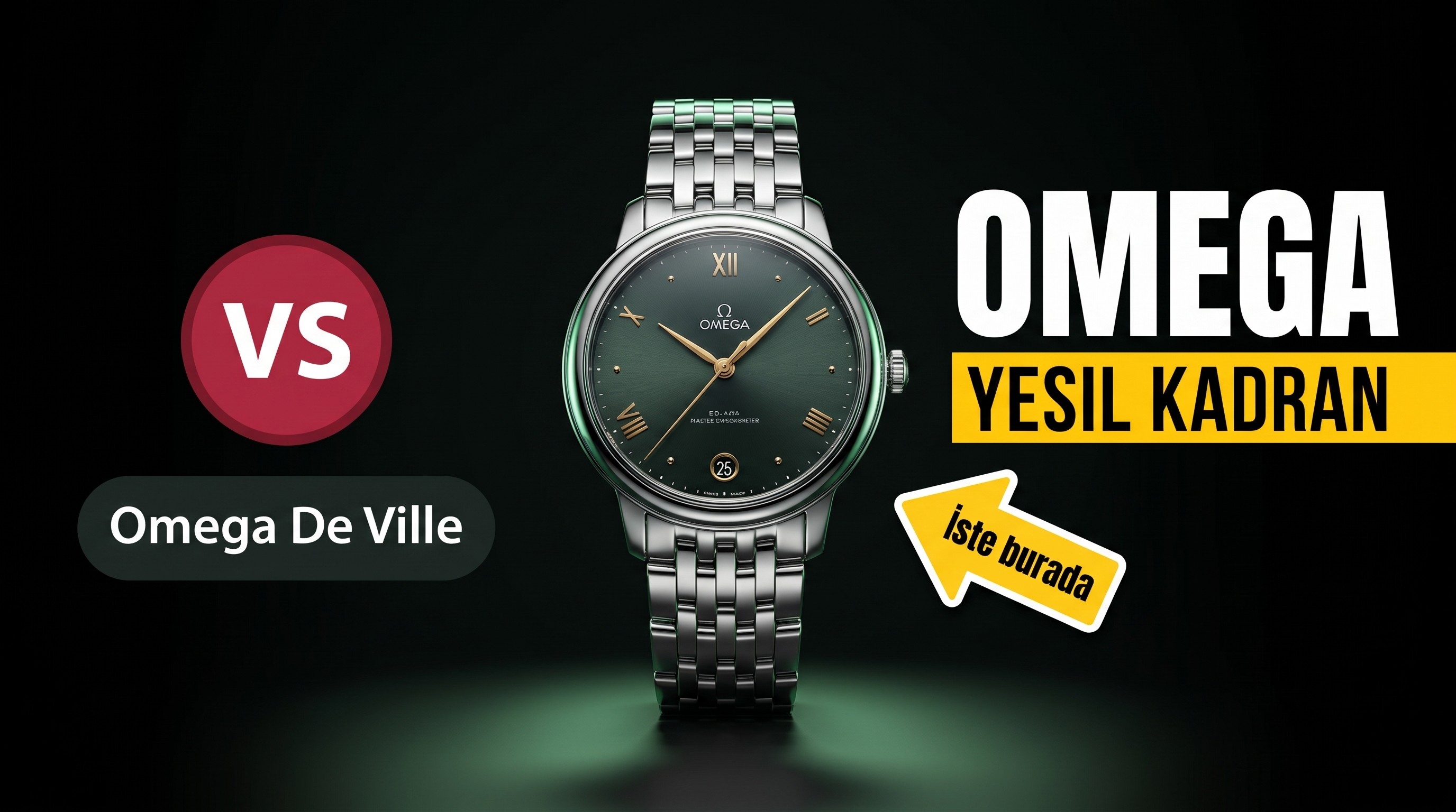 VS Factory Omega De Ville kadın modeli, yeşil kadran, altın akrep ve yelkovan, altın saat işaretli replika kol saati - VS Saat