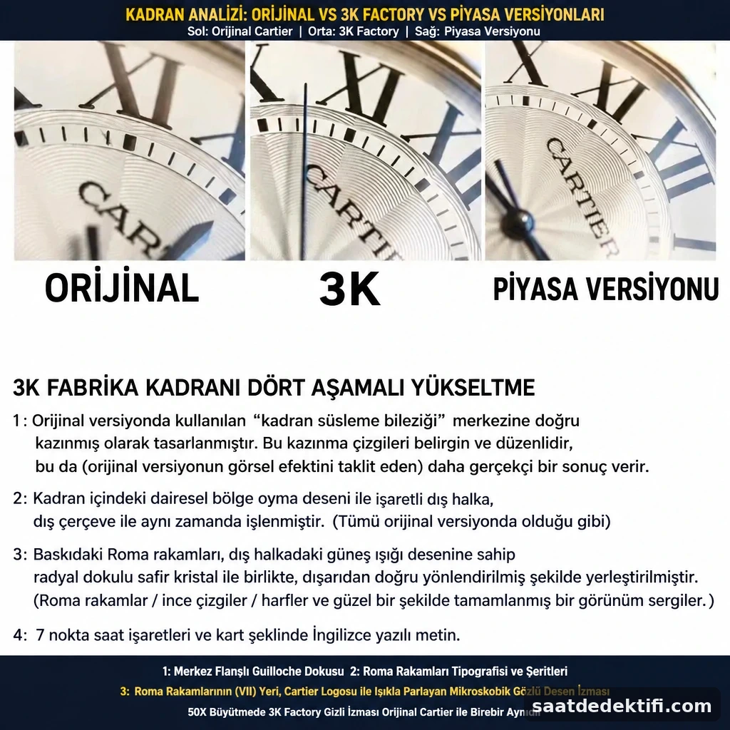 Orijinal Cartier, 3K Factory ve piyasa clone versiyonu kadranlarının guilloche ve gizli imza karşılaştırması