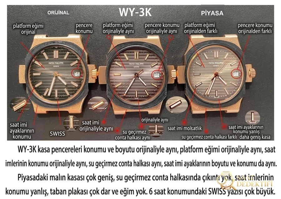 WY-3K Nautilus 5711 karşılaştırma panosu: tarih penceresi ve kadran, orijinal / WY-3K / piyasa