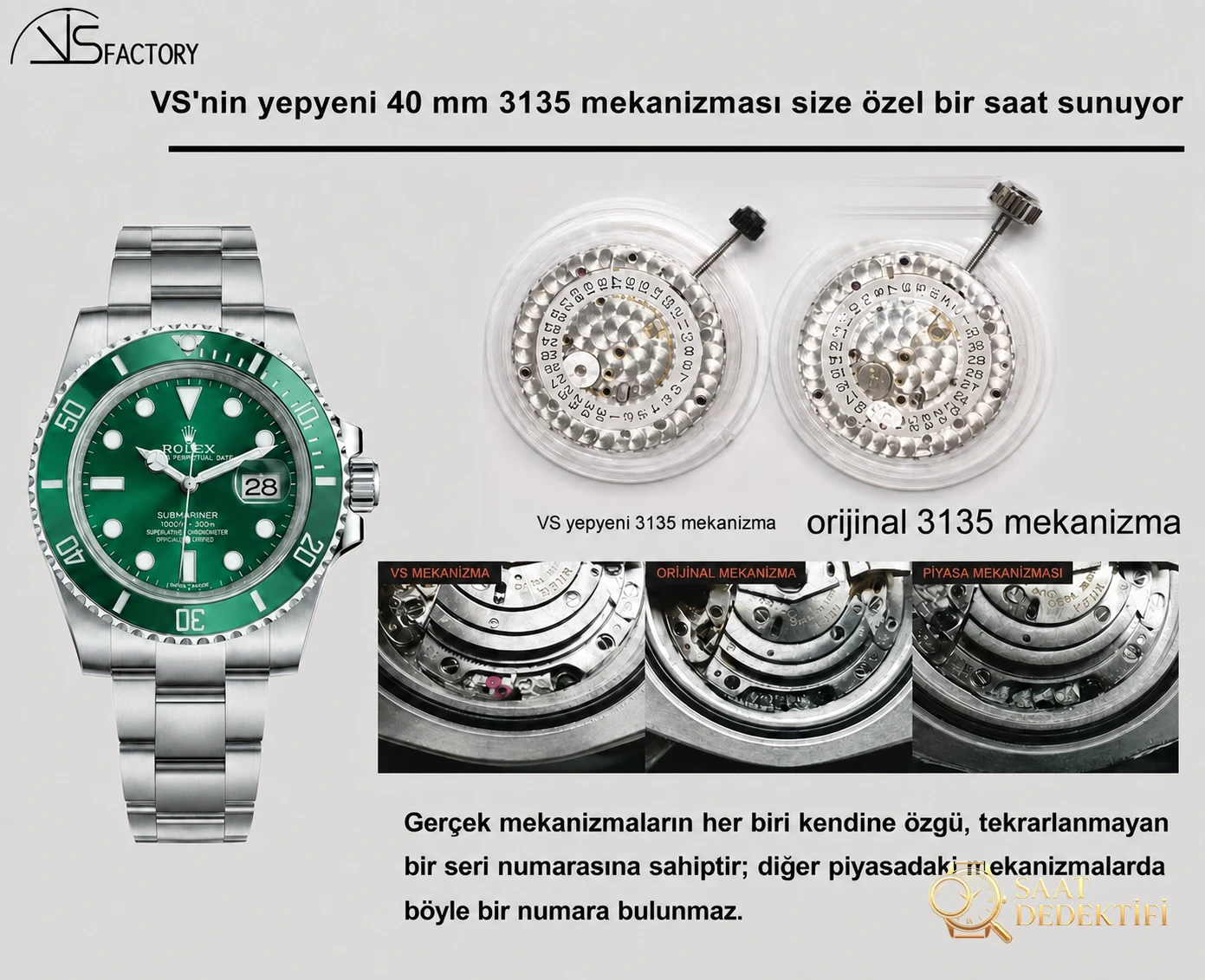 40 mm su hayaleti 3135 mekanizma serisinde VS Factory mı yoksa Clean mi seçilmeli? - Kadran Detayı ve Bezel İşçiliği