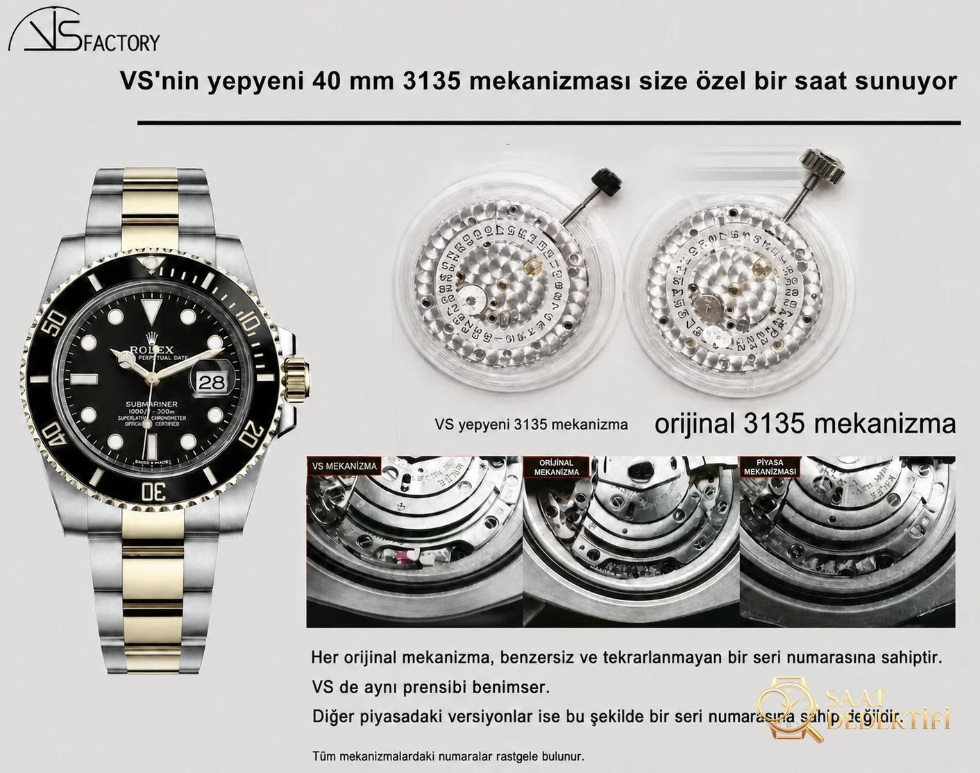 40 mm su hayaleti 3135 mekanizma serisinde VS Factory mı yoksa Clean mi seçilmeli? - Arka Kapak ve Mekanizma Detayı