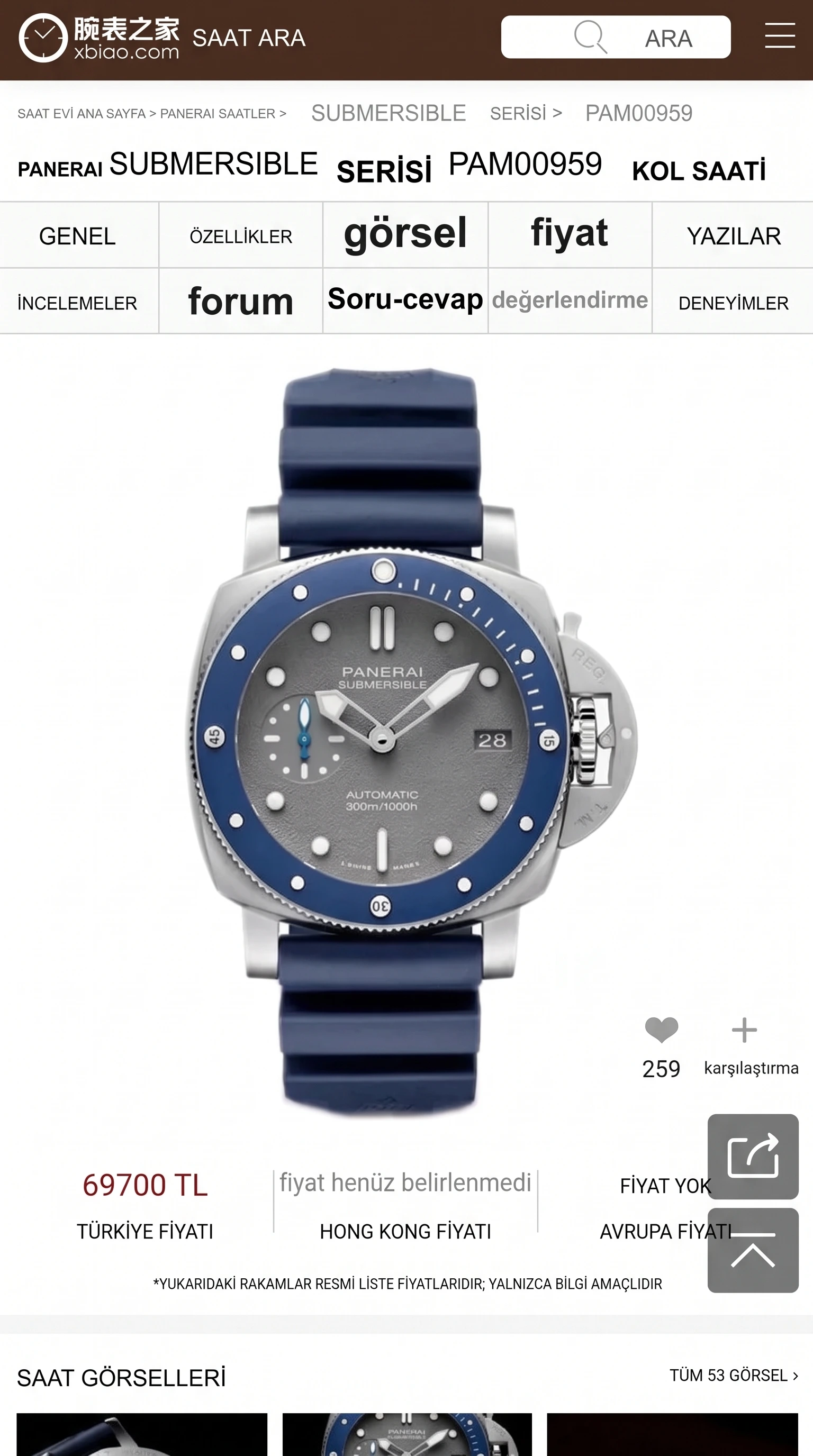 42Mm Kucuk Deniz Krali vs Panerai 959 Mavi Bezel Gri Kadran Replikasi N... - Ön Görünüm ve Kasa Tasarımı
