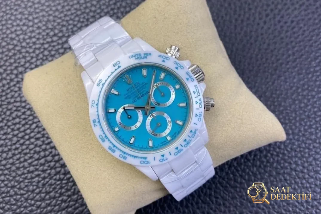 AET modifiye Rolex N Factory 4130 Daytona Abu Dhabi mavi-beyaz seramiğin işçiliği nasıl? - Kadran Detayı ve Bezel İşçiliği