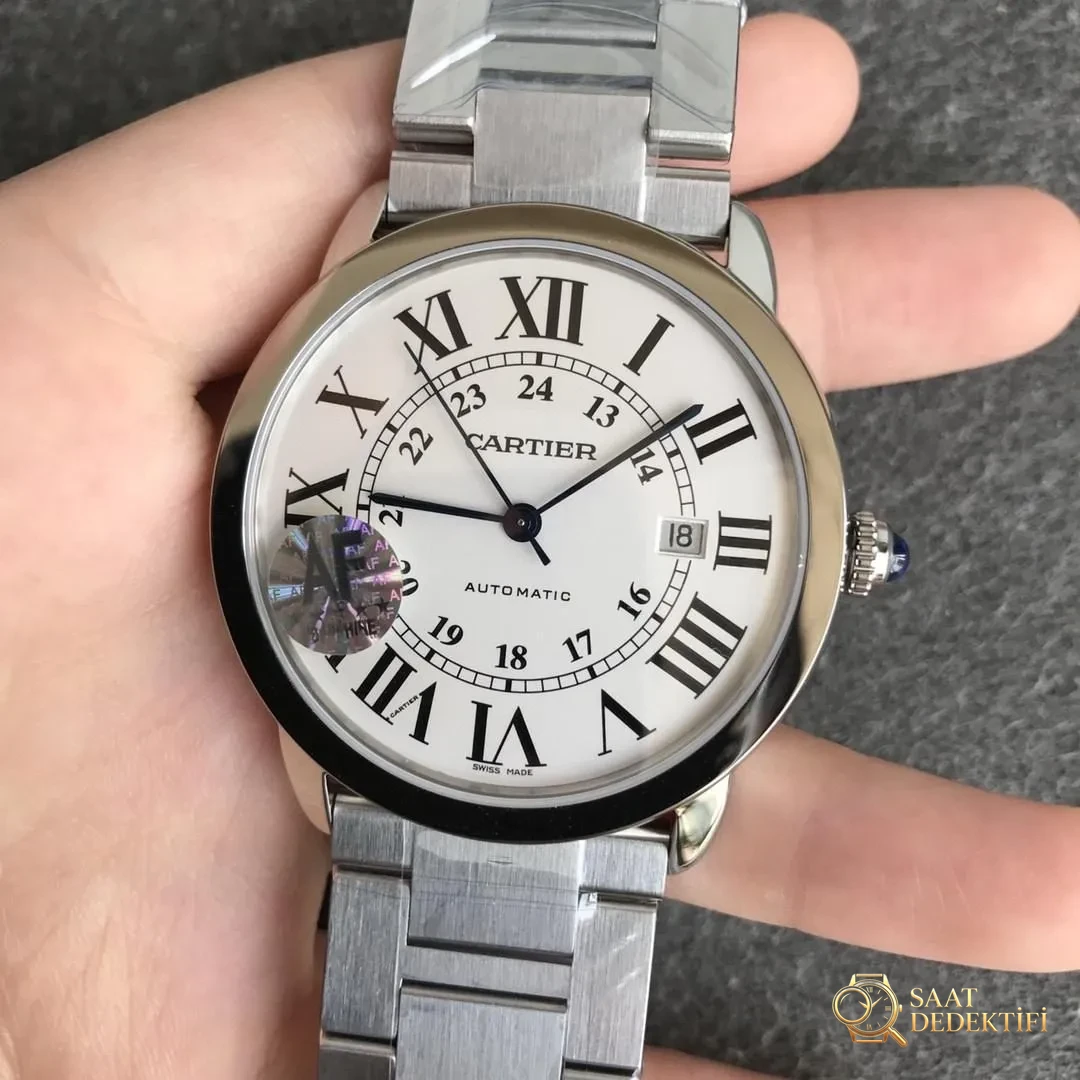 AF Factory Cartier London RONDE erkek 42 mm serisi, beyaz kadran çelik bilezik - Kasa Profili ve Kurma Kolu İncelemesi