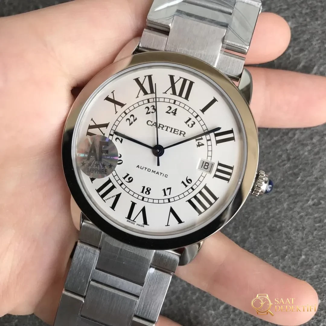 AF Factory Cartier London RONDE erkek 42 mm serisi, beyaz kadran çelik bilezik - Arka Kapak ve Mekanizma Detayı