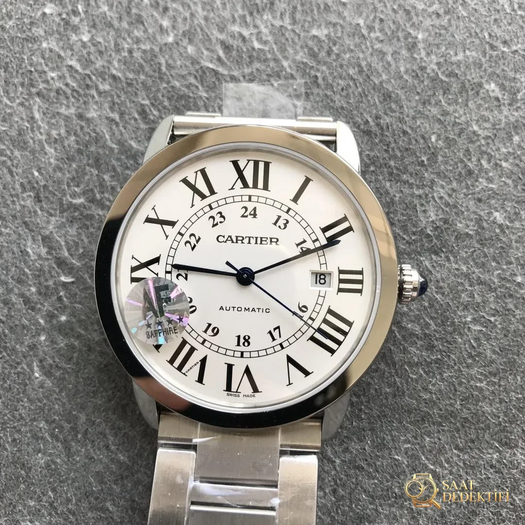 AF Factory Cartier London RONDE erkek 42 mm serisi, beyaz kadran çelik bilezik - Klips Kilidi ve Lazer Damgalar