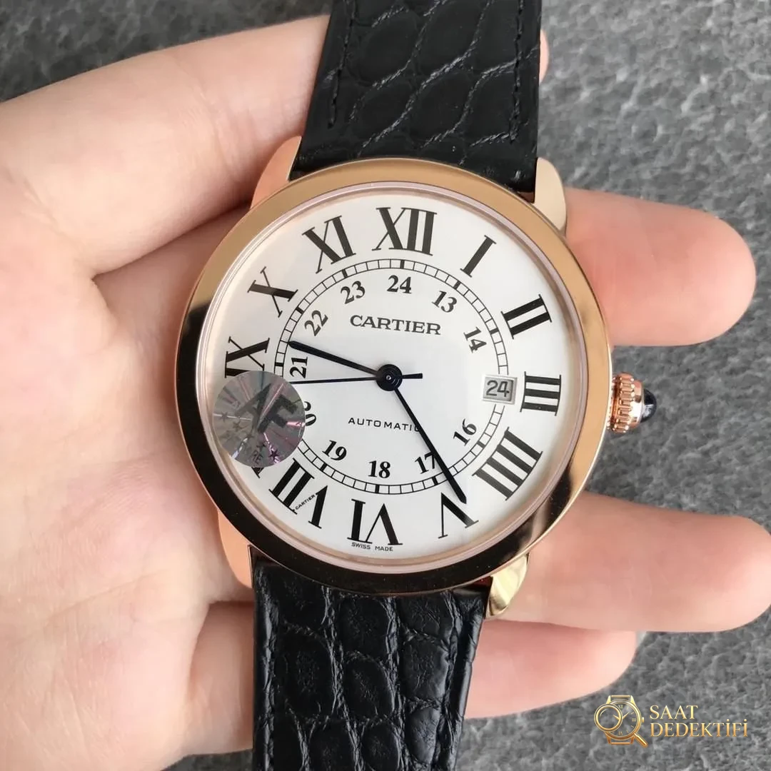 AF Factory Cartier London Ronde Erkek 42 mm Serisi Roz Altın Kasa Siyah Timsah Derisi - Kadran Detayı ve Bezel İşçiliği