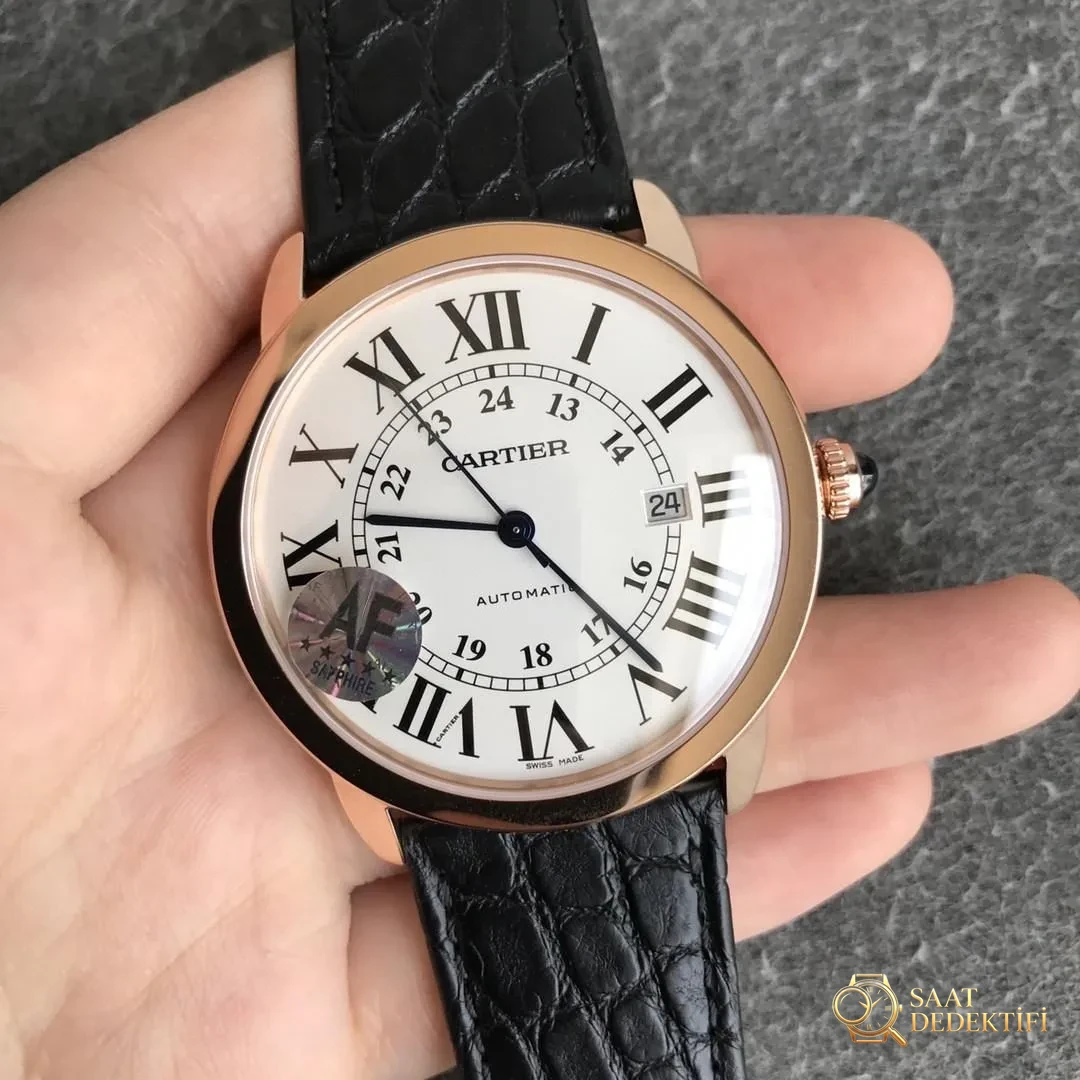 AF Factory Cartier London Ronde Erkek 42 mm Serisi Roz Altın Kasa Siyah Timsah Derisi - Arka Kapak ve Mekanizma Detayı