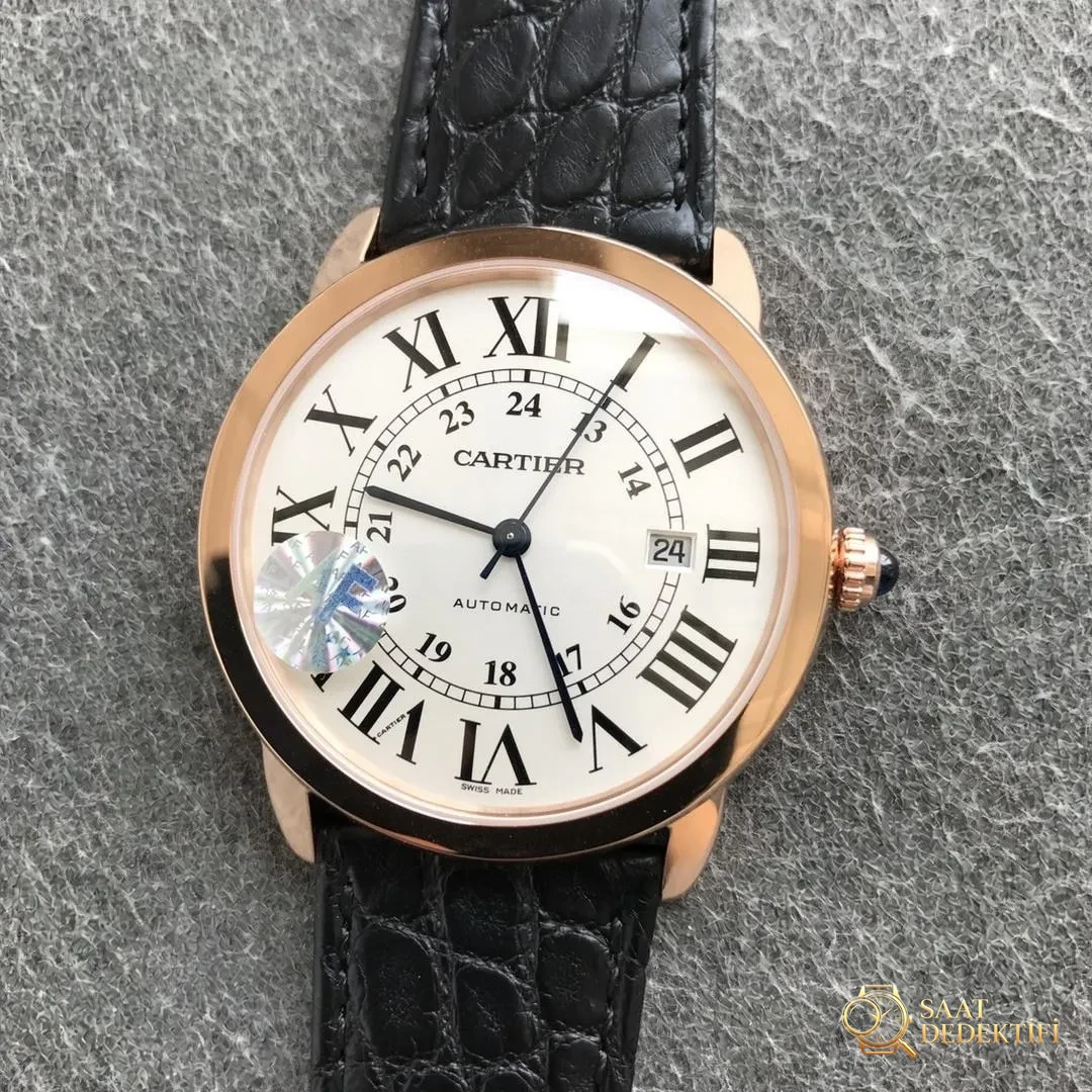 AF Factory Cartier London Ronde Erkek 42 mm Serisi Roz Altın Kasa Siyah Timsah Derisi - Klips Kilidi ve Lazer Damgalar