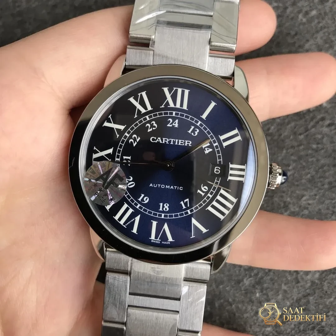 AF Factory Cartier Londra RONDE erkek 42 mm serisi mavi kadranlı çelik bilezik - Kadran Detayı ve Bezel İşçiliği